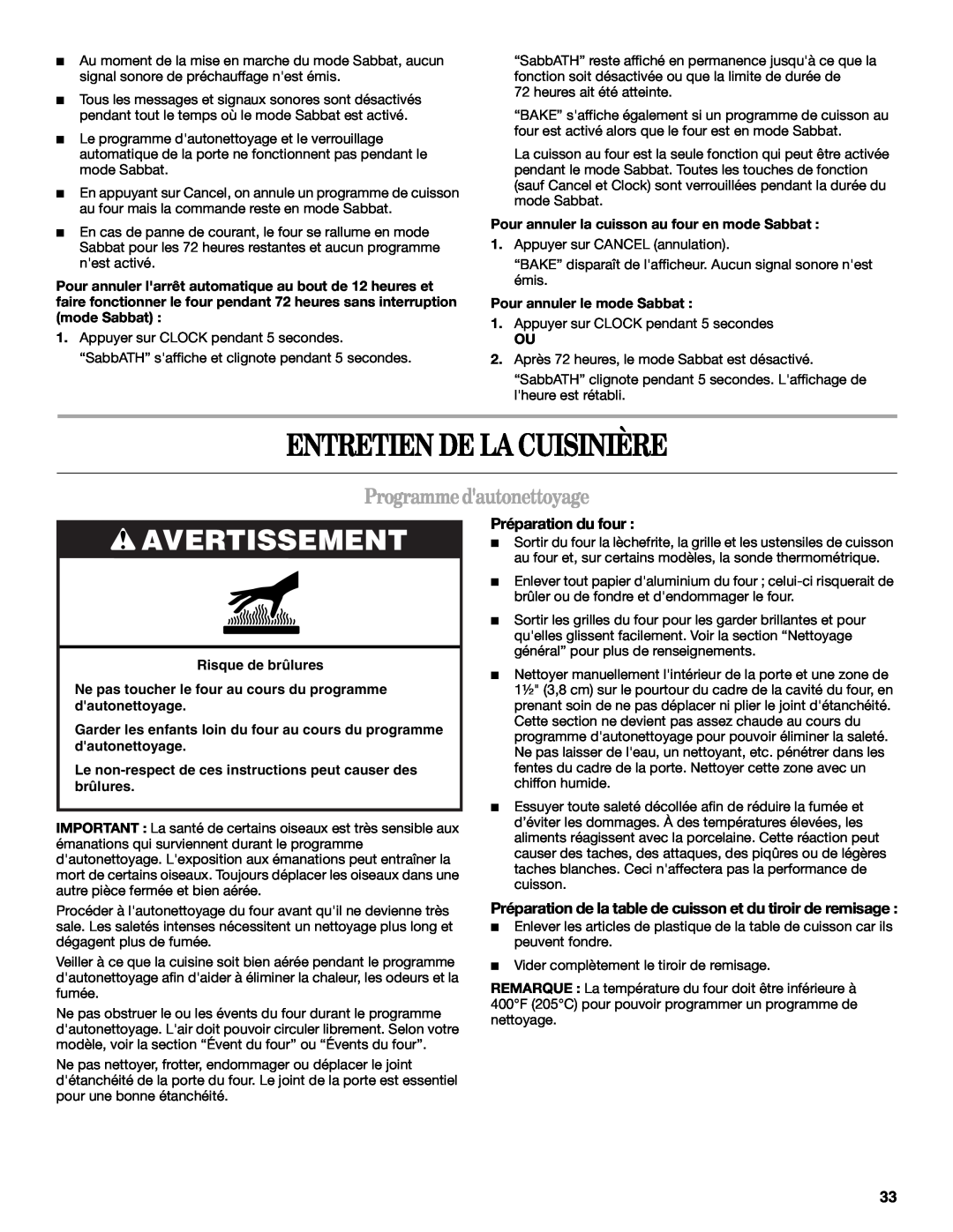 Whirlpool GY397LXUS manual Entretien De La Cuisinière, Programmedautonettoyage, Préparation du four, Avertissement 