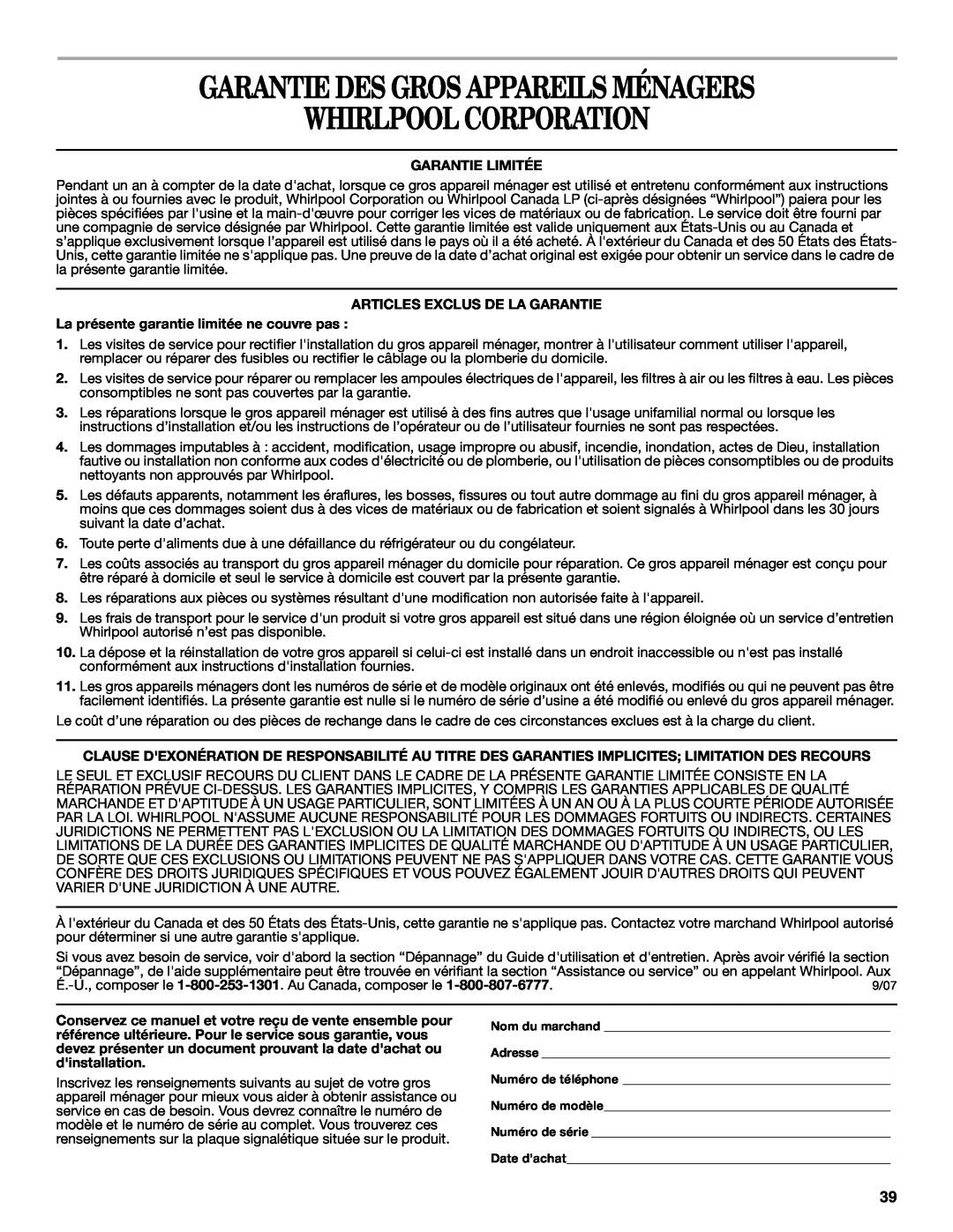 Whirlpool GY397LXUS manual Garantie Des Gros Appareils Ménagers, Whirlpool Corporation, Garantie Limitée 