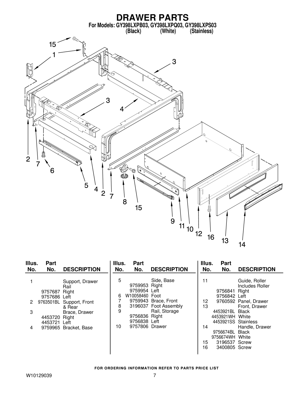 Whirlpool GY398LXPQ03, GY398LXPB03, GY398LXPS03 manual Drawer Parts 