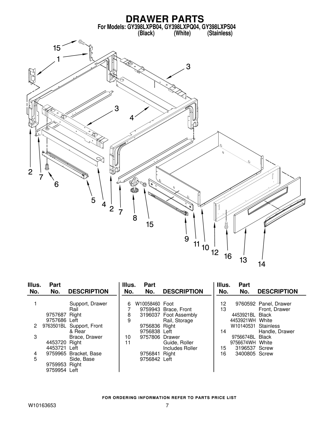 Whirlpool GY398LXPB04, GY398LXPQ04, GY398LXPS04 manual Drawer Parts 