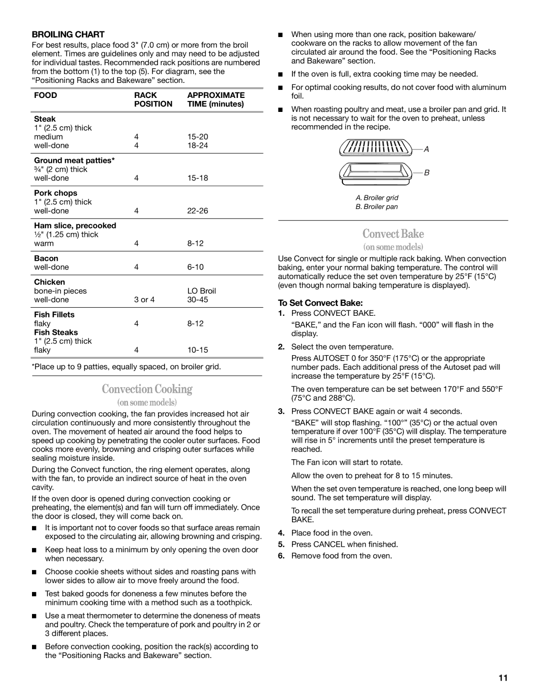 Whirlpool GY399LXUS ConvectionCooking, ConvectBake, Broiling Chart, To Set Convect Bake, Food Rack Approximate Position 