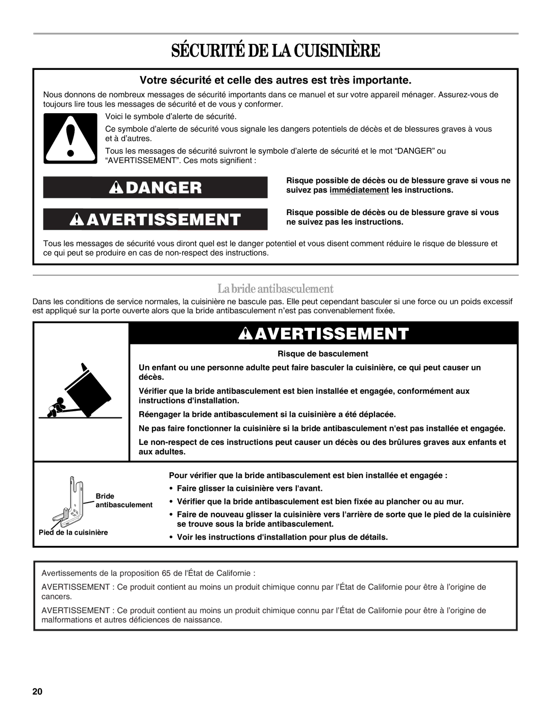 Whirlpool GY399LXUQ, GY399LXUS, GY399LXUB, GY397LXUQ, GY397LXUB manual Sécurité DE LA Cuisinière, Labrideantibasculement 