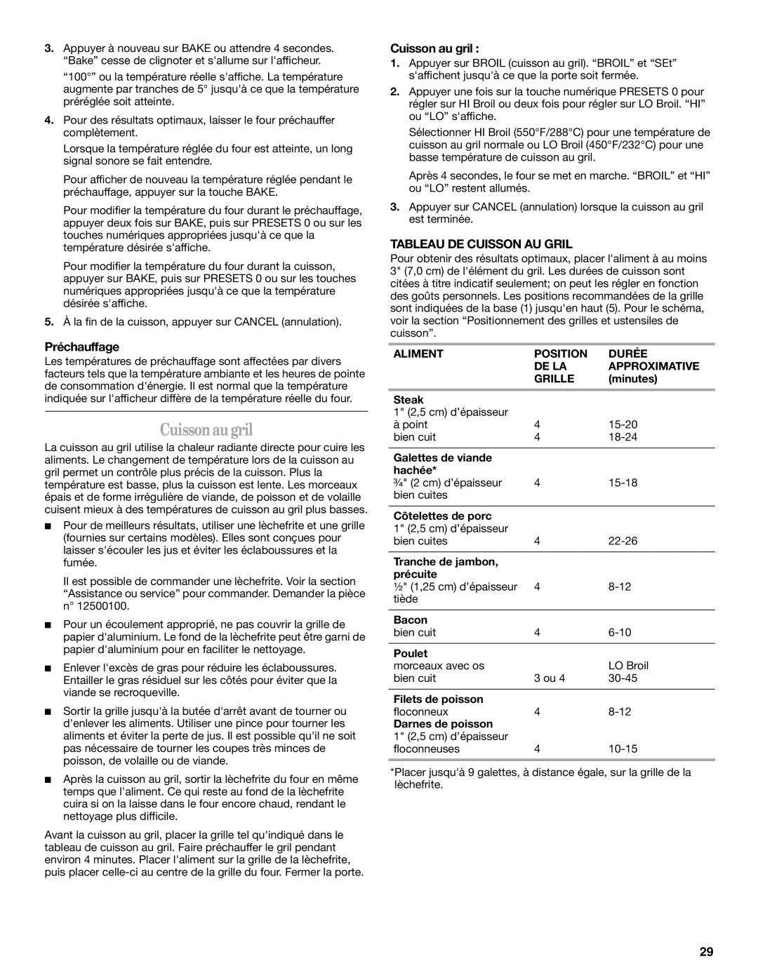 Whirlpool GY397LXUB, GY399LXUQ, GY399LXUS manual Cuissonaugril, Préchauffage, Cuisson au gril, Tableau DE Cuisson AU Gril 