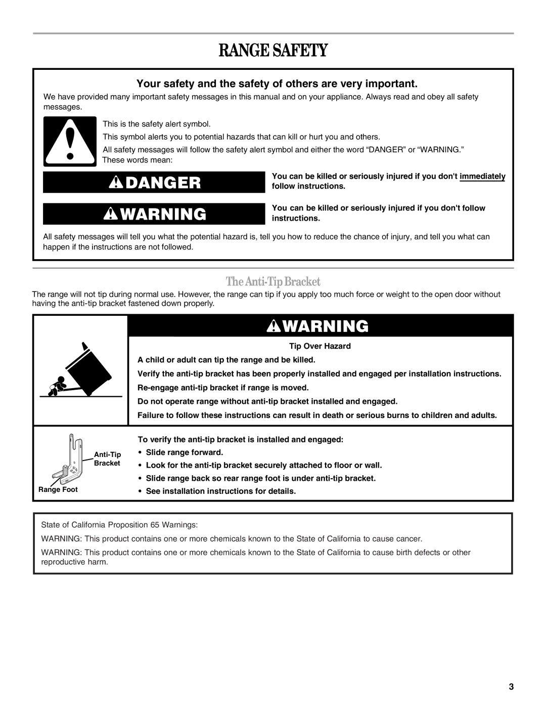 Whirlpool GY397LXUQ, GY399LXUQ, GY399LXUS, GY399LXUB, GY397LXUB manual Range Safety, TheAnti-TipBracket 