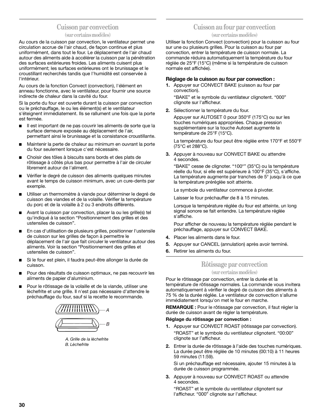Whirlpool GY399LXUQ, GY399LXUS, GY399LXUB manual Cuissonparconvection, Cuissonaufourparconvection, Rôtissagepar convection 
