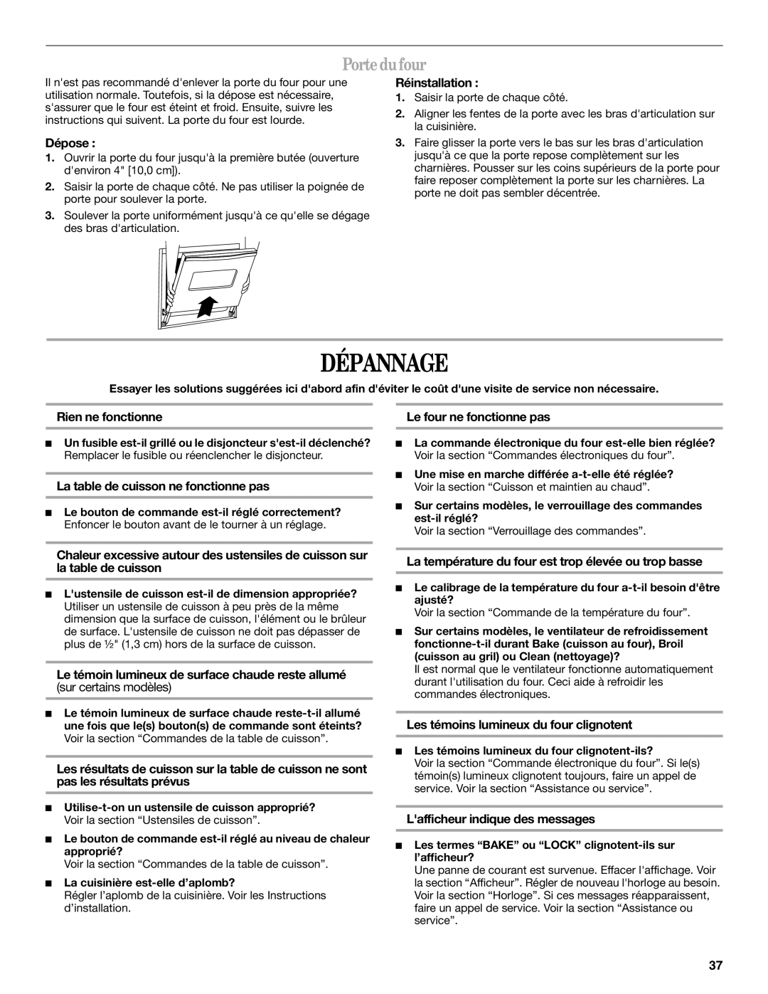 Whirlpool GY399LXUB, GY399LXUQ, GY399LXUS, GY397LXUQ, GY397LXUB manual Dépannage, Portedufour 