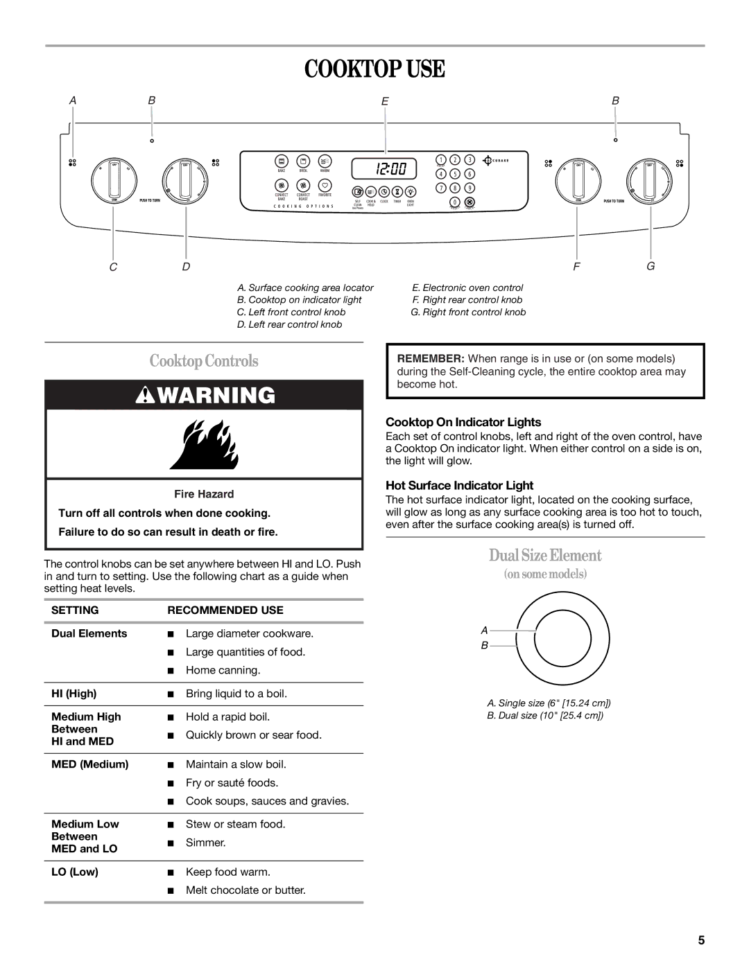 Whirlpool GY399LXUQ, GY399LXUS, GY399LXUB manual Cooktop USE, CooktopControls, Dual SizeElement, Cooktop On Indicator Lights 