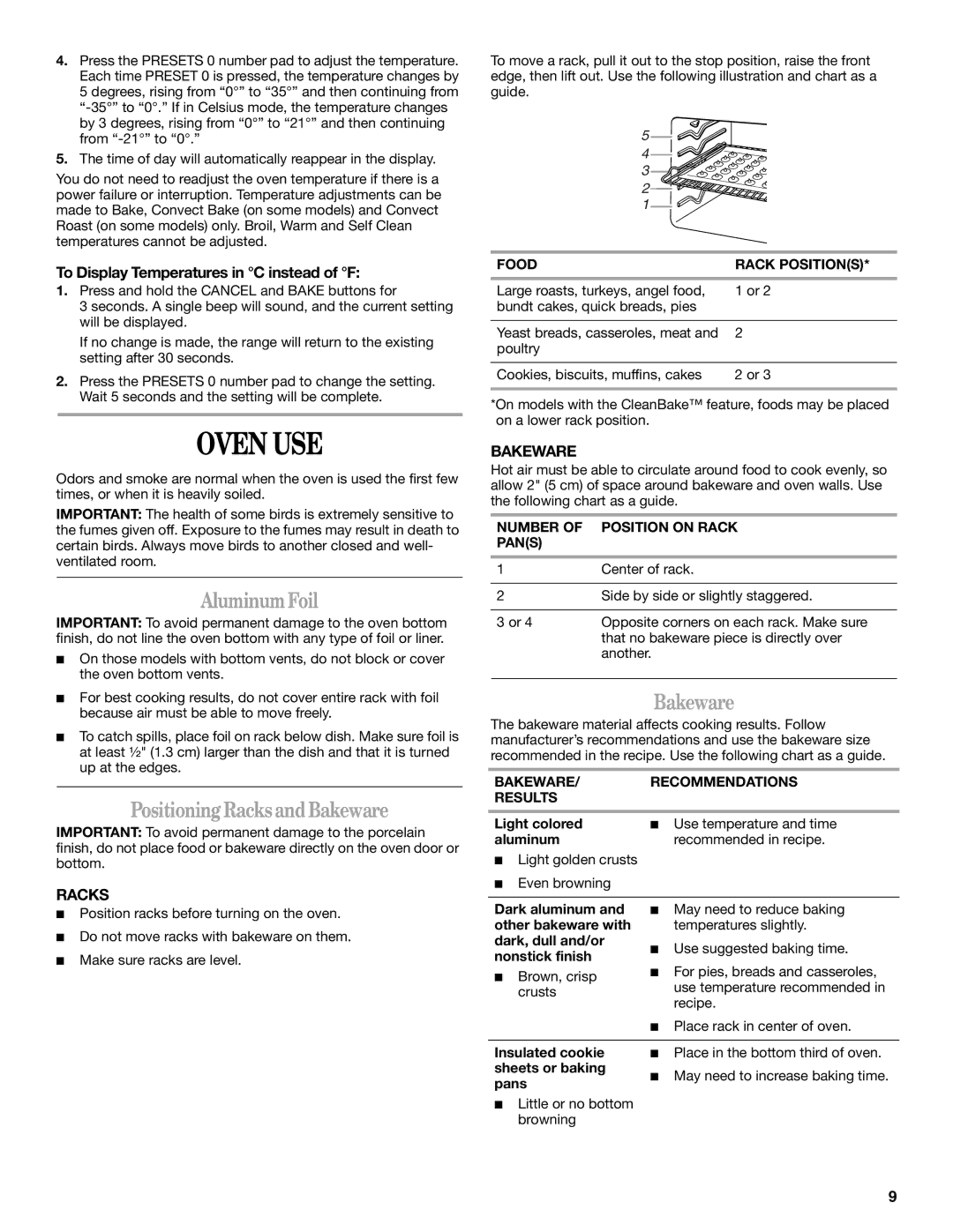 Whirlpool GY397LXUB, GY399LXUQ, GY399LXUS, GY399LXUB, GY397LXUQ manual Oven USE, AluminumFoil, Positioning RacksandBakeware 
