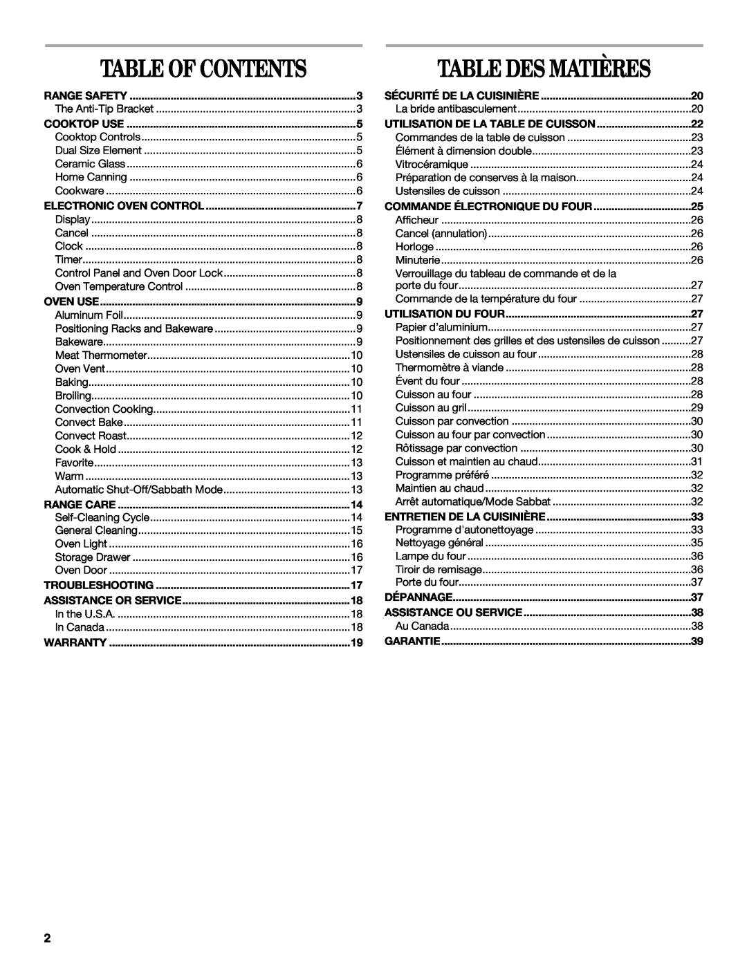 Whirlpool GY399LXUB, GY399LXUQ, GY399LXUS, GY397LXUQ, GY397LXUB manual Table Des Matières, Table Of Contents 