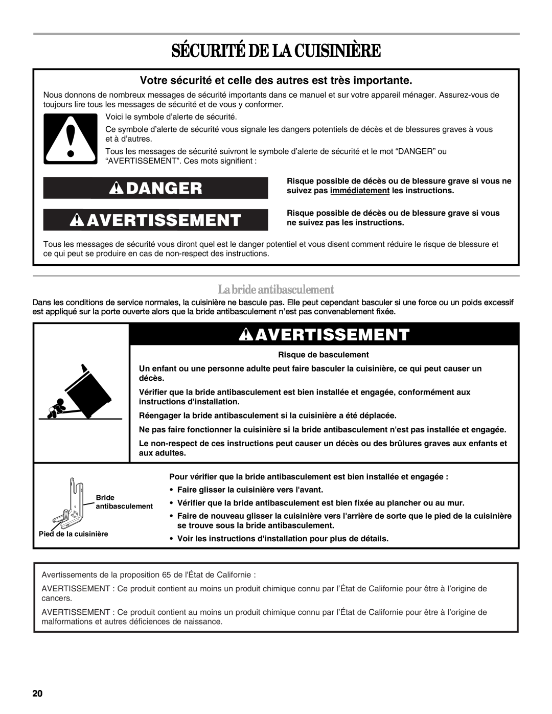 Whirlpool GY399LXUQ manual Sécurité De La Cuisinière, Danger Avertissement, Labrideantibasculement, Risque de basculement 