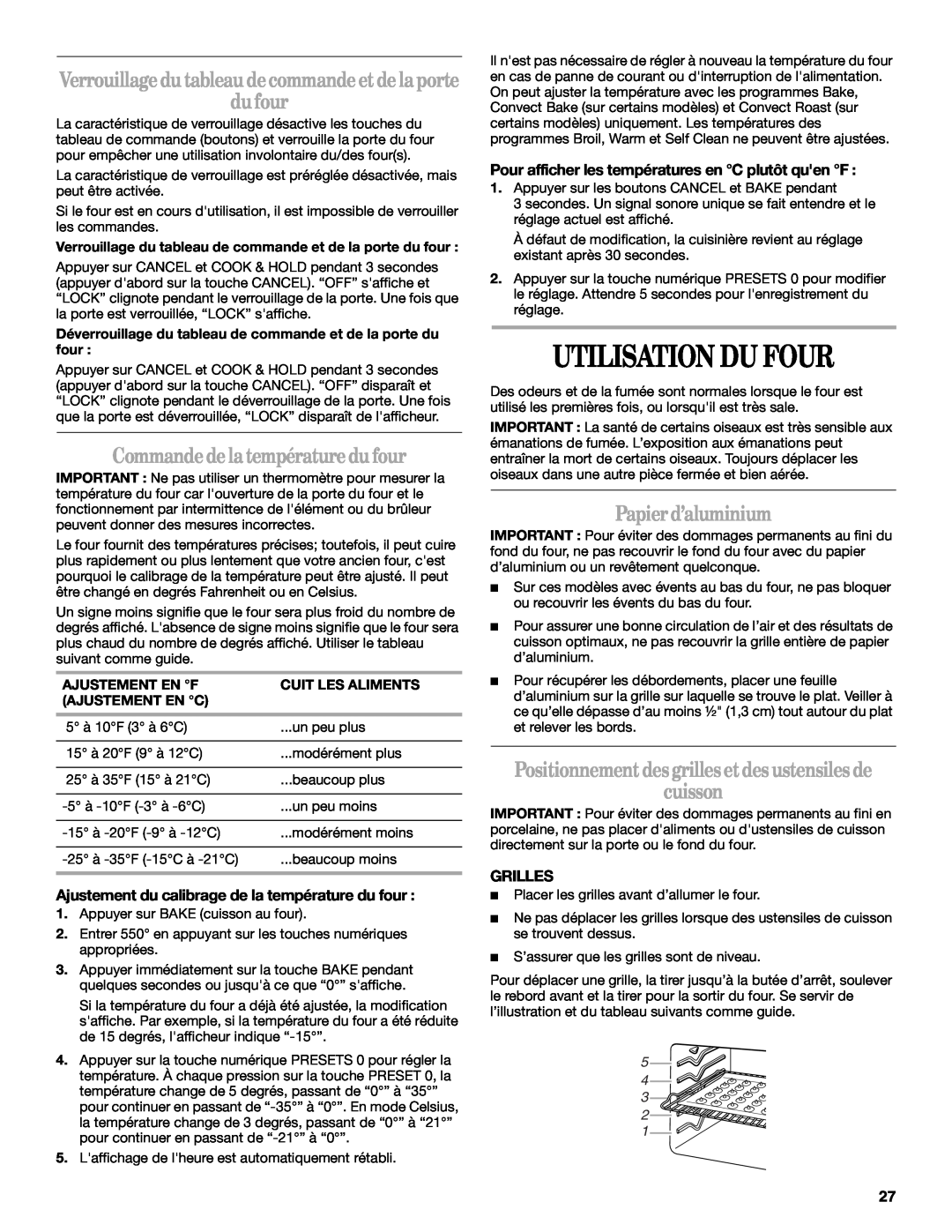 Whirlpool GY399LXUB, GY399LXUQ manual Utilisation Du Four, Commandedelatempératuredufour, Papierd’aluminium, Grilles 
