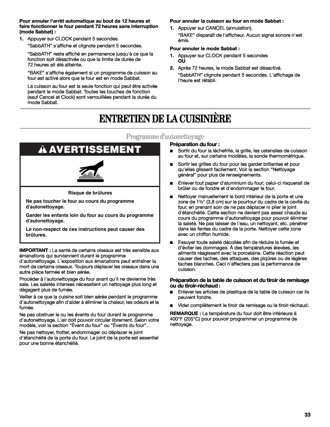 Whirlpool GY397LXUQ manual Entretien De La Cuisinière, Programmedautonettoyage, Préparation du four, Risque de brûlures 