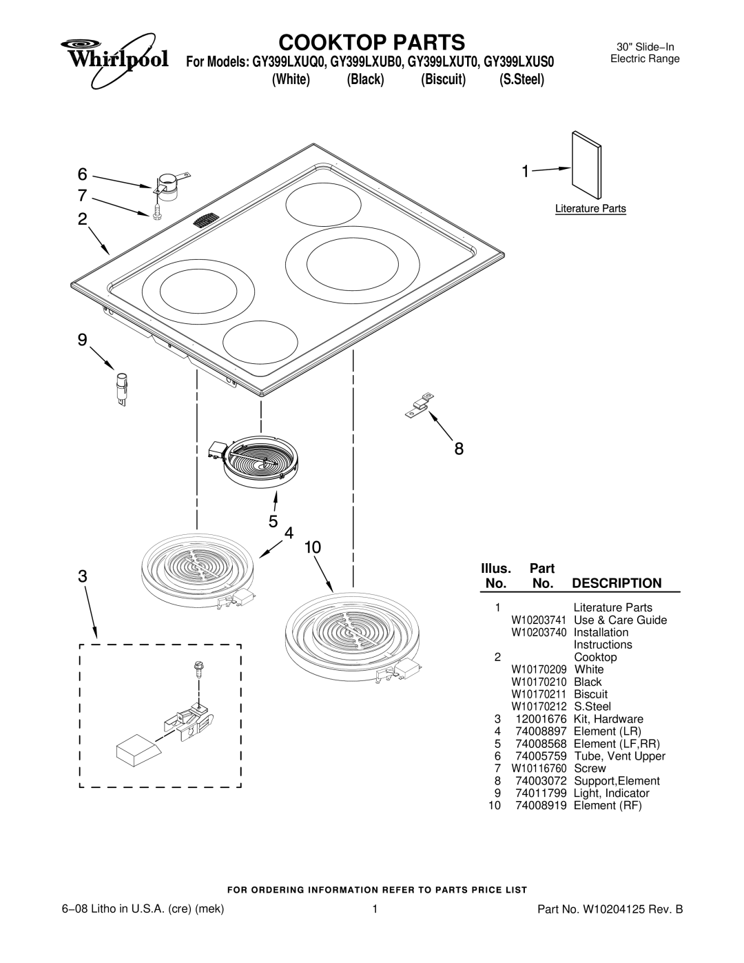 Whirlpool GY399LXUS0, GY399LXUT0, GY399LXUQ0 installation instructions Cooktop Parts, White Black Biscuit S.Steel 