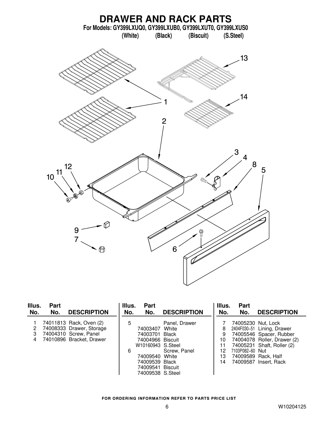 Whirlpool GY399LXUQ0, GY399LXUT0, GY399LXUS0, GY399LXUB0 installation instructions Drawer and Rack Parts 