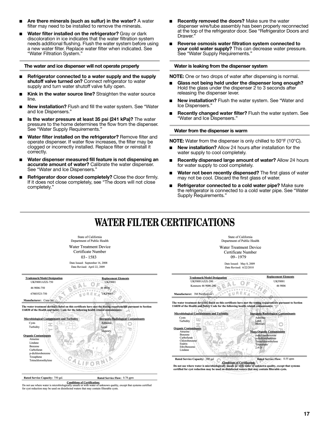 Whirlpool GI0FSAXVY, GZ25FSRXYY, W10422737A, WRX735SDBM installation instructions Water Filter Certifications 