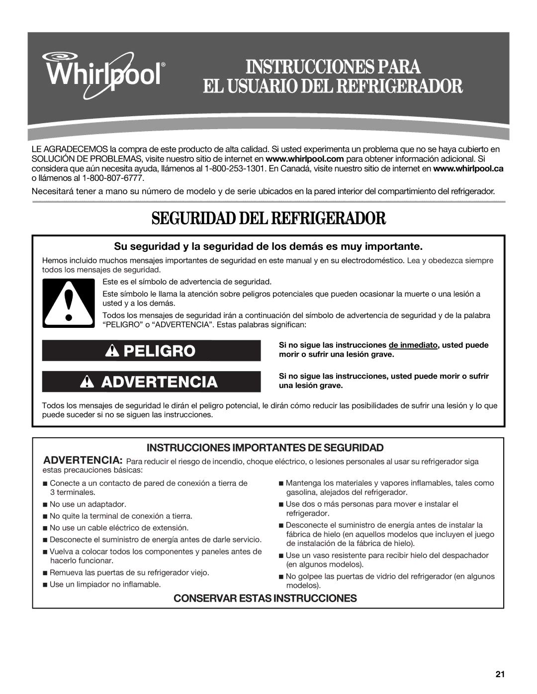 Whirlpool GI0FSAXVY, GZ25FSRXYY, W10422737A Instrucciones Para EL Usuario DEL Refrigerador, Seguridad DEL Refrigerador 