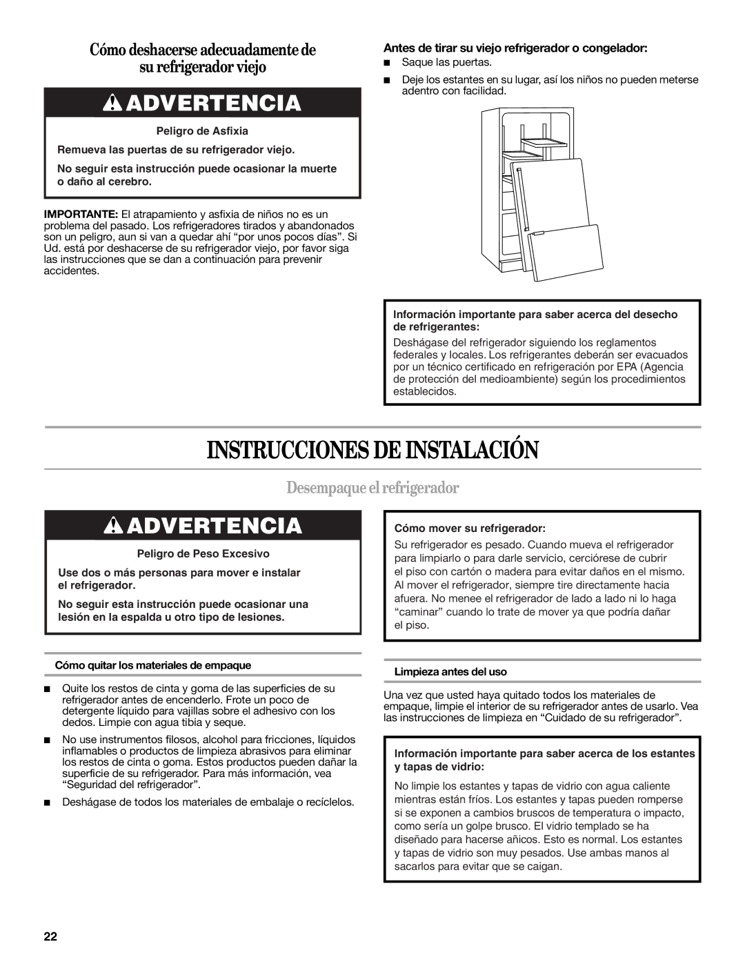 Whirlpool W10422737A, GZ25FSRXYY, GI0FSAXVY, WRX735SDBM Instrucciones DE Instalación, Desempaque el refrigerador 