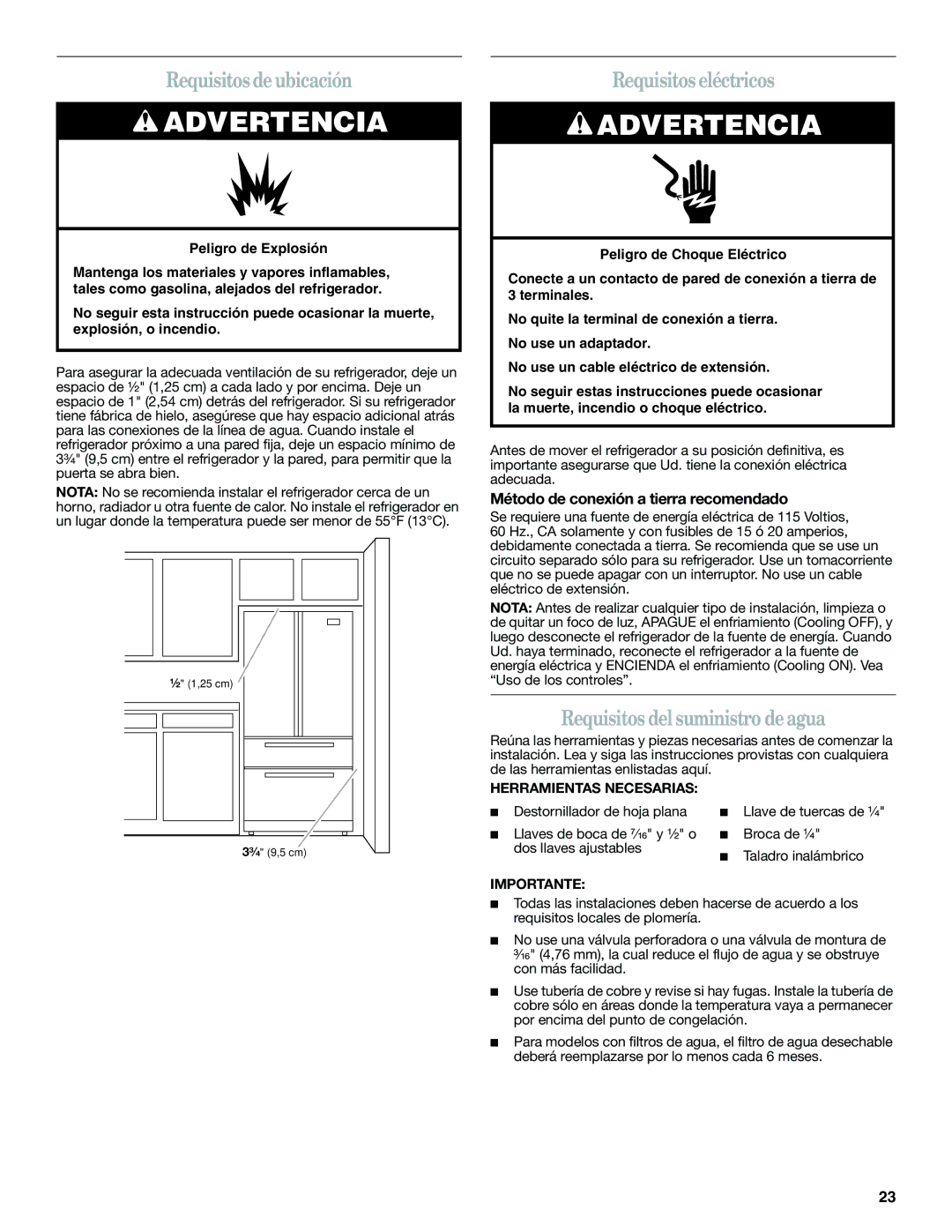 Whirlpool WRX735SDBM, GZ25FSRXYY Requisitos de ubicación, Requisitos eléctricos, Requisitos del suministro de agua 