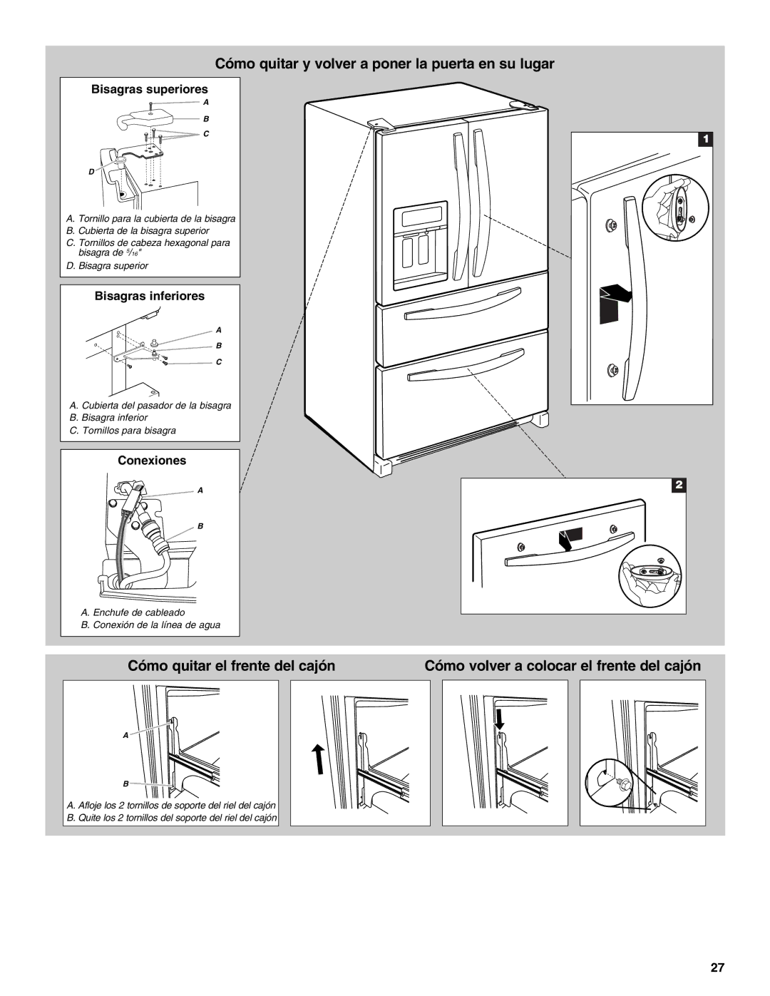 Whirlpool WRX735SDBM, GZ25FSRXYY, GI0FSAXVY, W10422737A Cómo quitar y volver a poner la puerta en su lugar 