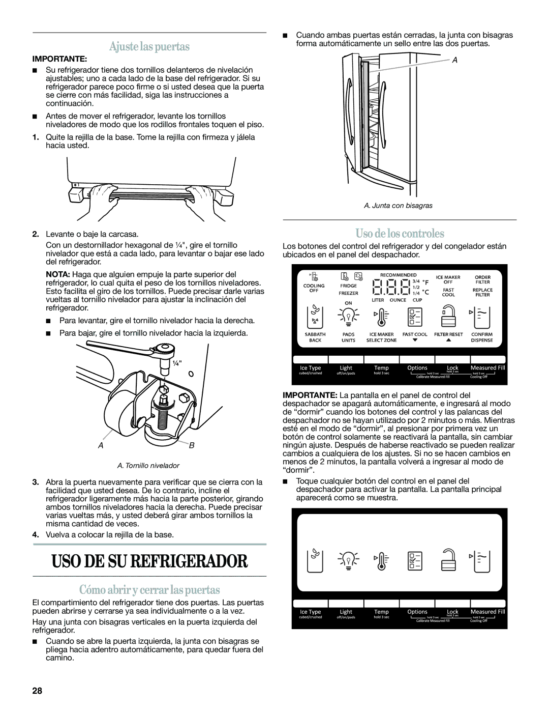 Whirlpool GZ25FSRXYY, GI0FSAXVY, W10422737A Ajustelas puertas, Uso de los controles, Cómo abrir y cerrar las puertas 