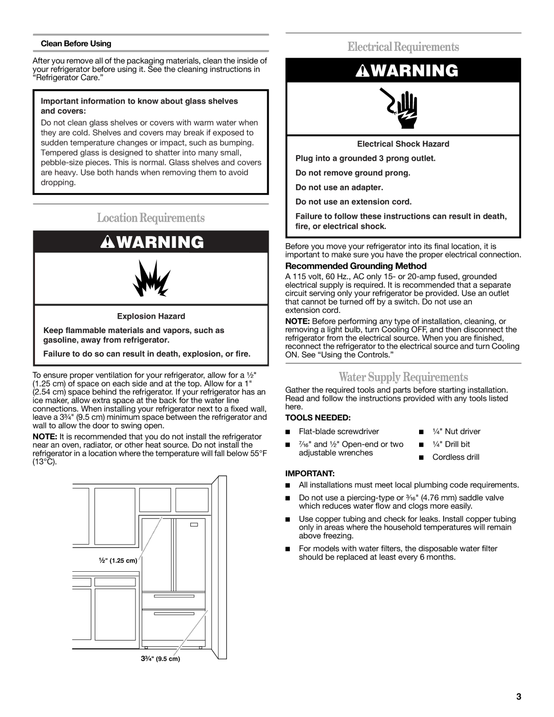 Whirlpool WRX735SDBM, GZ25FSRXYY LocationRequirements, Electrical Requirements, Water Supply Requirements, Tools Needed 