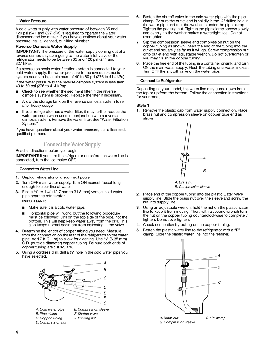 Whirlpool GZ25FSRXYY, GI0FSAXVY, W10422737A, WRX735SDBM Connect the Water Supply, Reverse Osmosis Water Supply, Style 