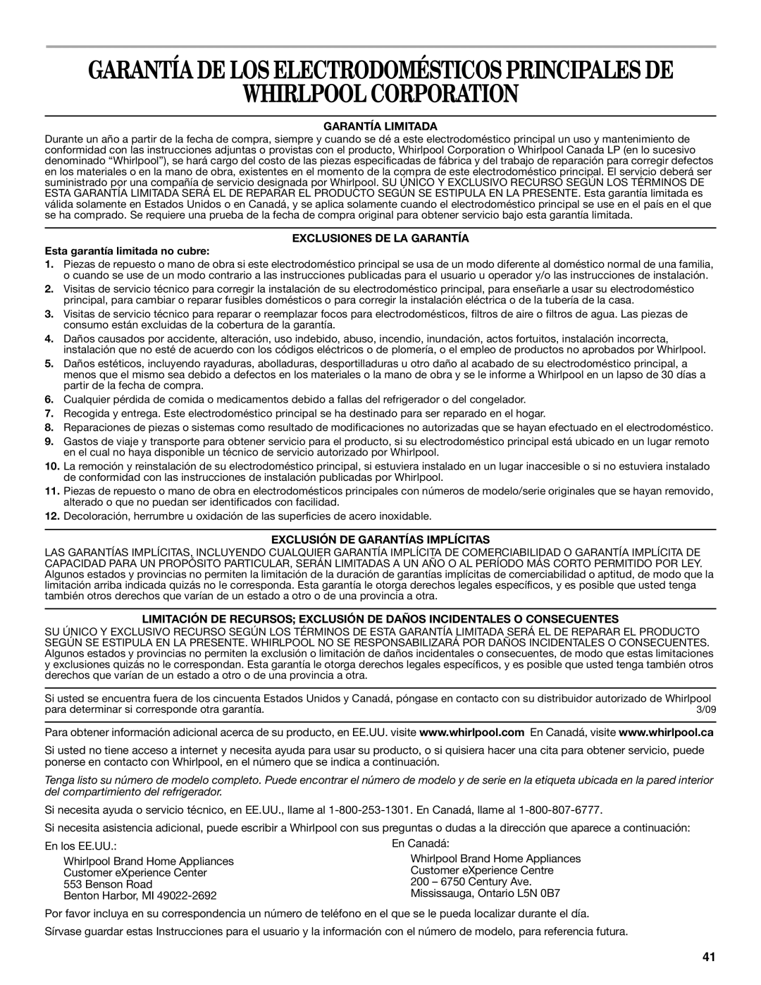 Whirlpool GI0FSAXVY Whirlpool Corporation, Garantía Limitada, Exclusiones DE LA Garantía, Esta garantía limitada no cubre 