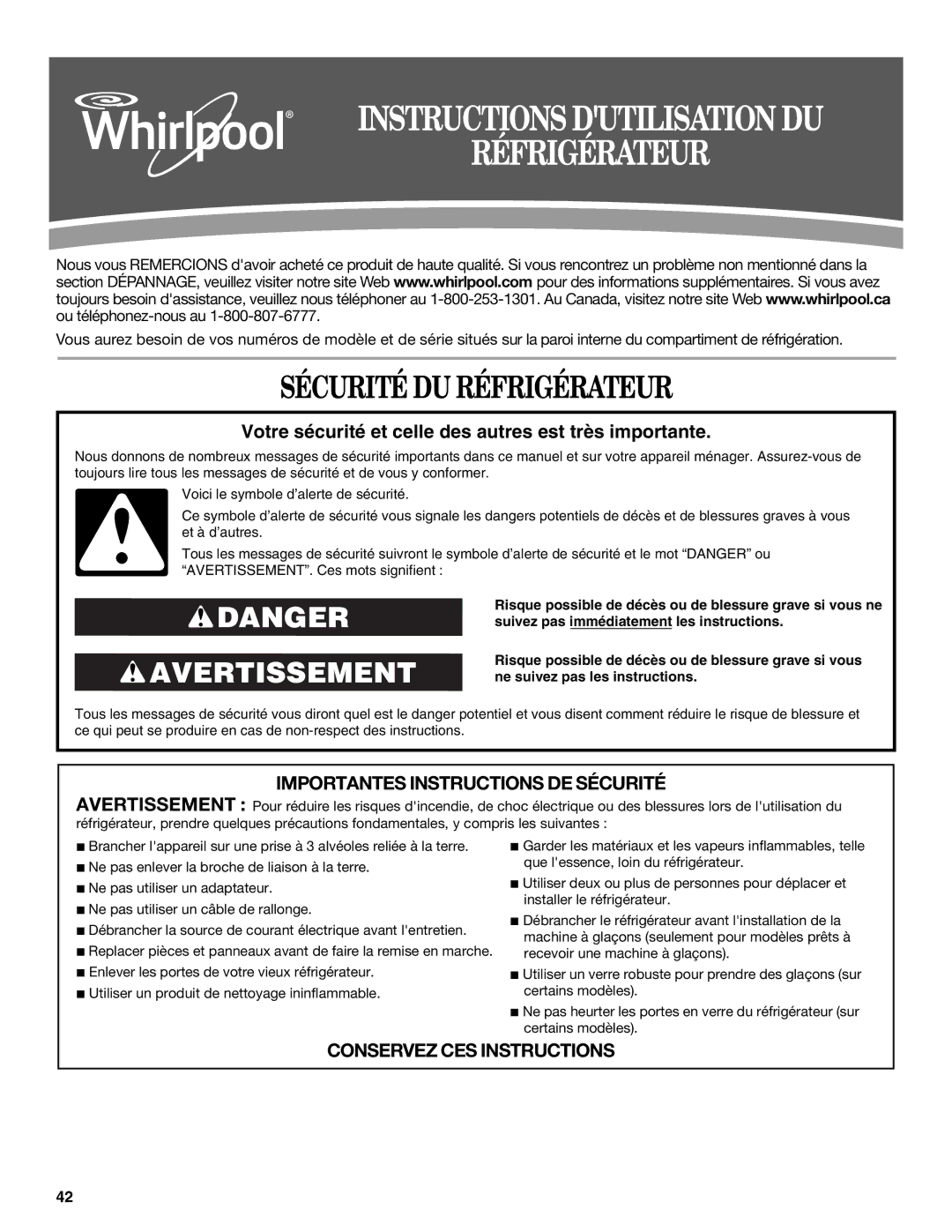 Whirlpool W10422737A, GZ25FSRXYY, GI0FSAXVY Instructions Dutilisation DU Réfrigérateur, Sécurité DU Réfrigérateur 