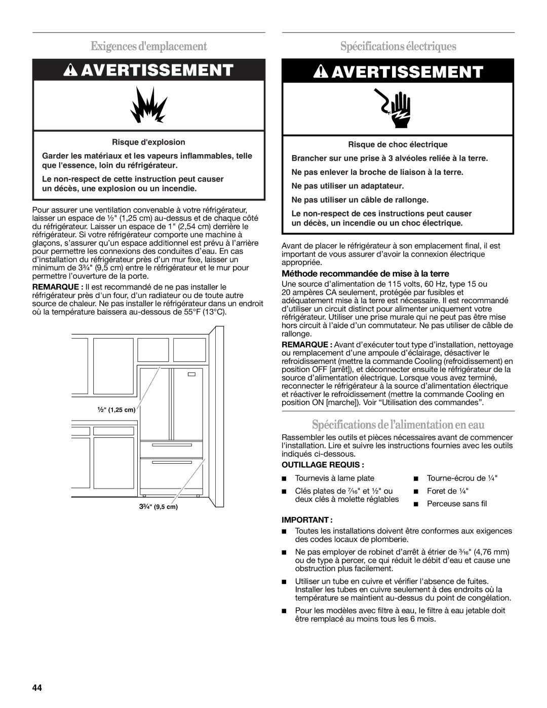 Whirlpool GZ25FSRXYY, GI0FSAXVY Exigences demplacement, Spécifications électriques, Spécifications del’alimentationen eau 