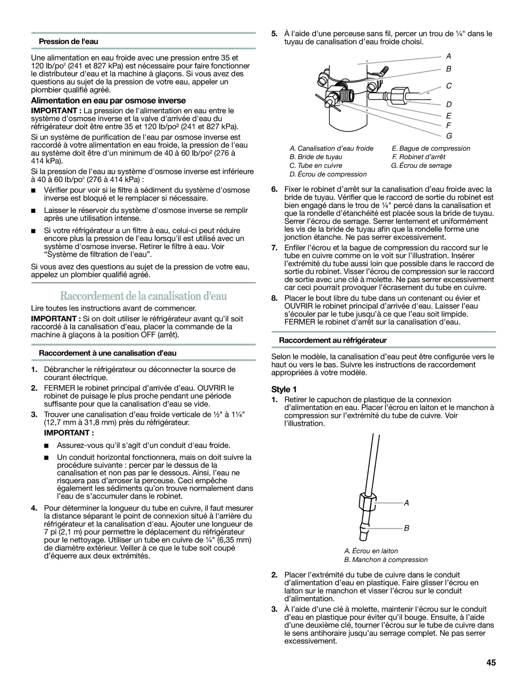 Whirlpool GI0FSAXVY Raccordement de la canalisation deau, Alimentation en eau par osmose inverse, Pression de leau 