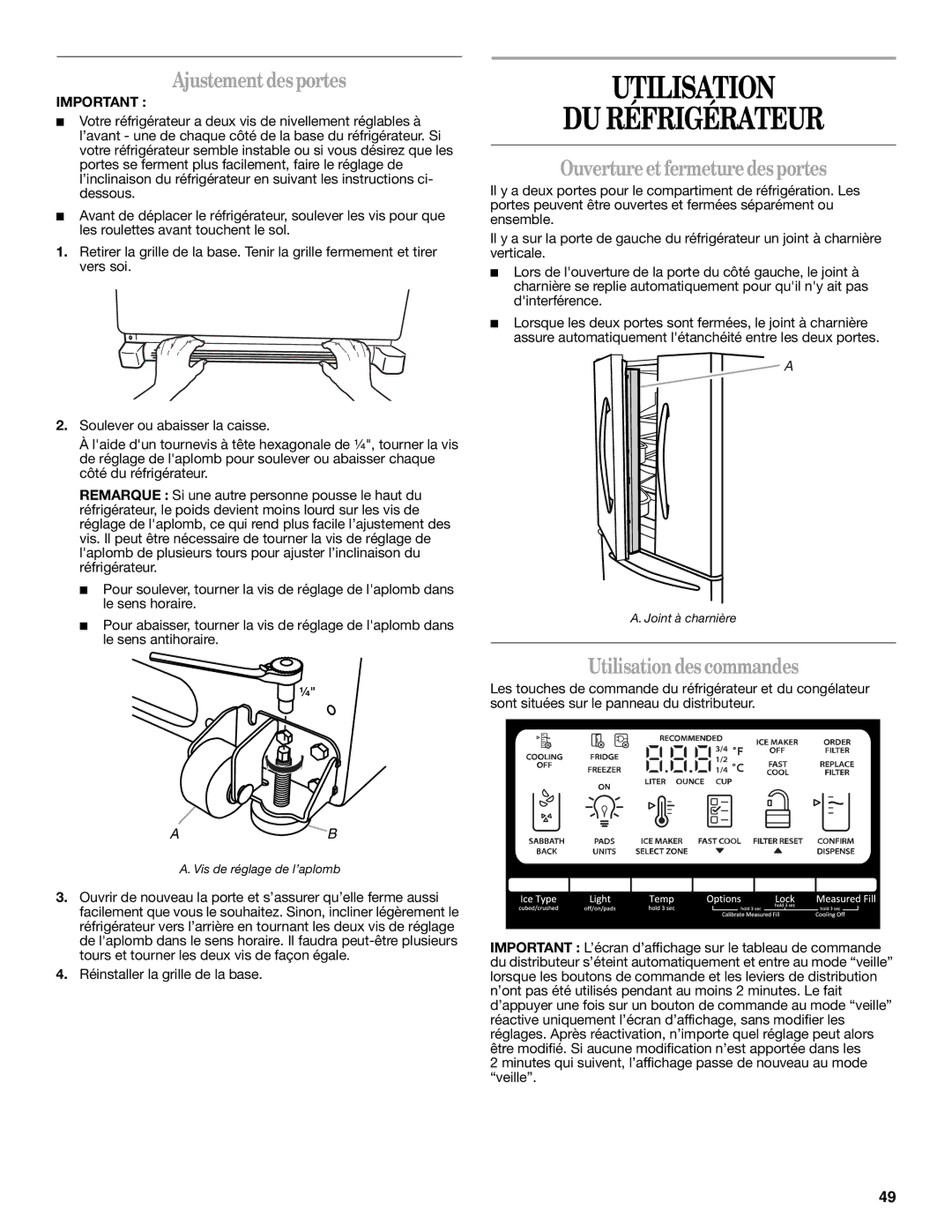 Whirlpool GI0FSAXVY, GZ25FSRXYY Utilisation DU Réfrigérateur, Ajustement desportes, Ouverture et fermeture des portes 