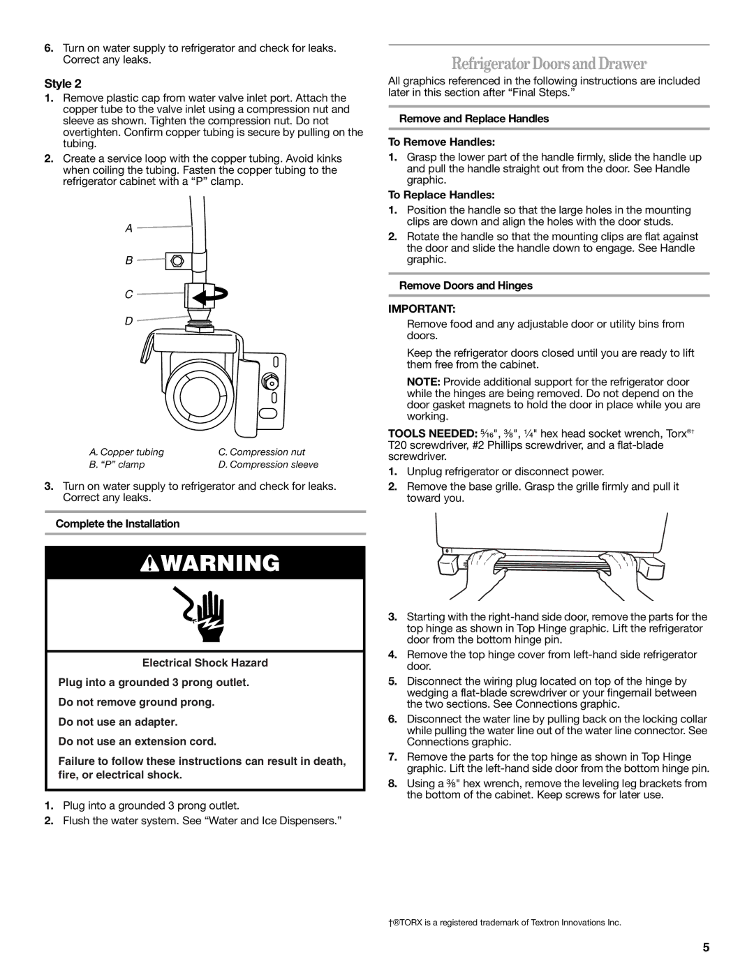 Whirlpool GI0FSAXVY Refrigerator Doors and Drawer, Remove and Replace Handles To Remove Handles, To Replace Handles 