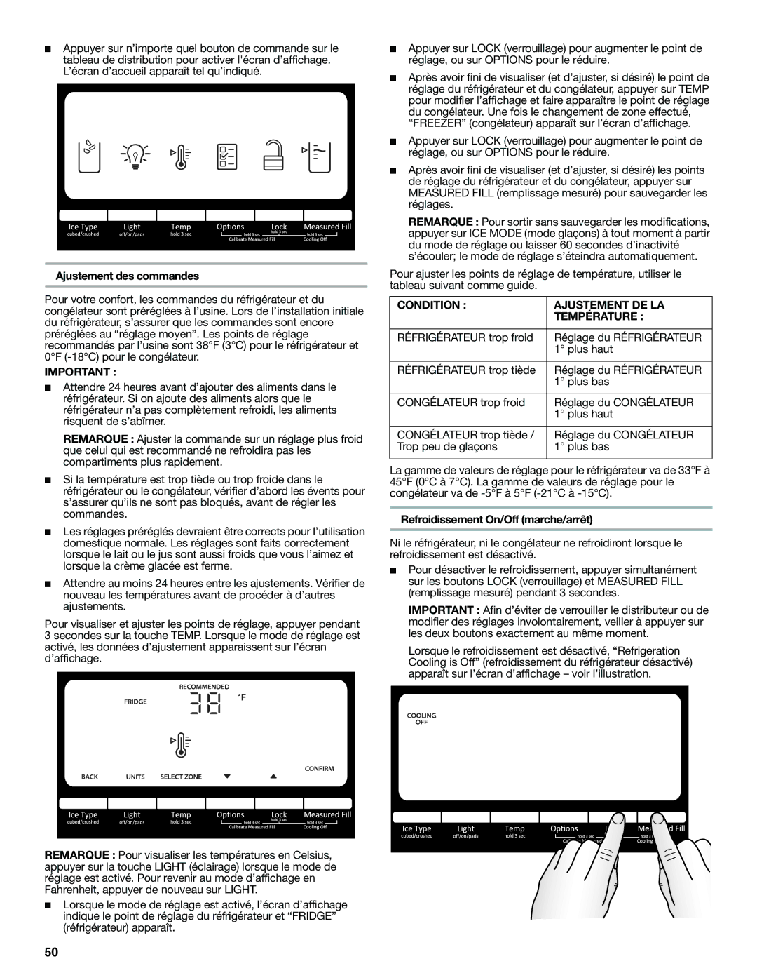 Whirlpool W10422737A Ajustement des commandes, Condition Ajustement DE LA Température, Refroidissement On/Off marche/arrêt 