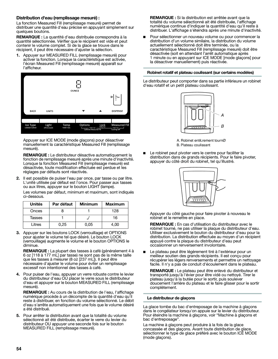 Whirlpool W10422737A Distribution deau remplissage mesuré, Robinet rotatif et plateau coulissant sur certains modèles 