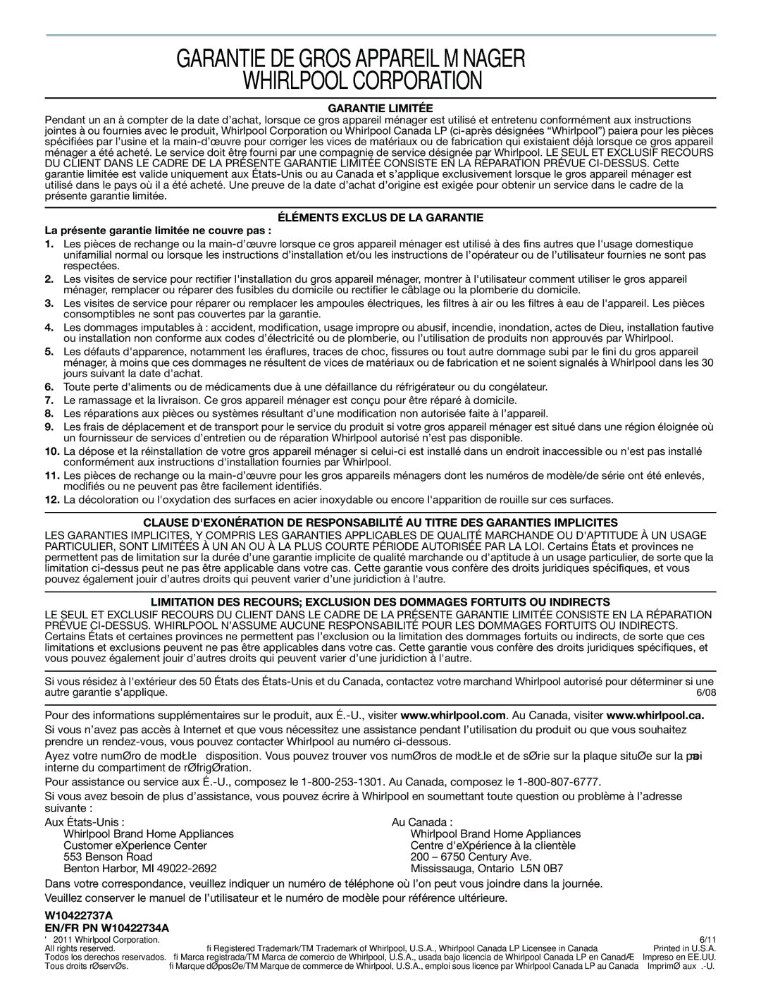 Whirlpool W10422737A, GZ25FSRXYY, GI0FSAXVY Garantie DE Gros Appareil Ménager Whirlpool Corporation, Garantie Limitée 