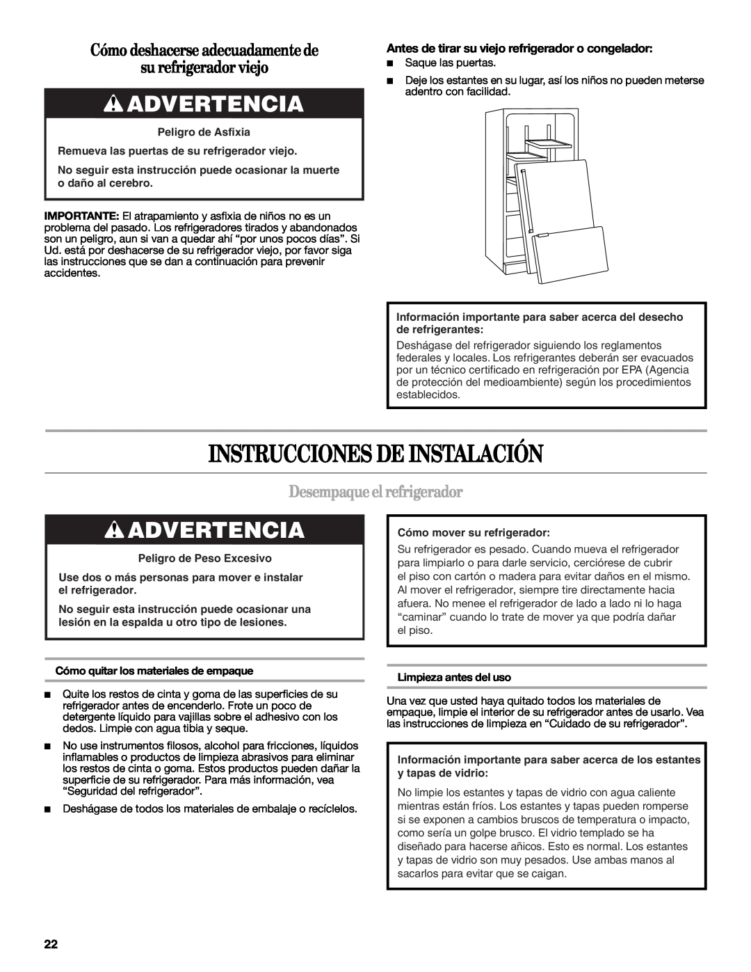 Whirlpool W10422737A Instrucciones De Instalación, Advertencia, Cómo deshacerse adecuadamente de, su refrigerador viejo 