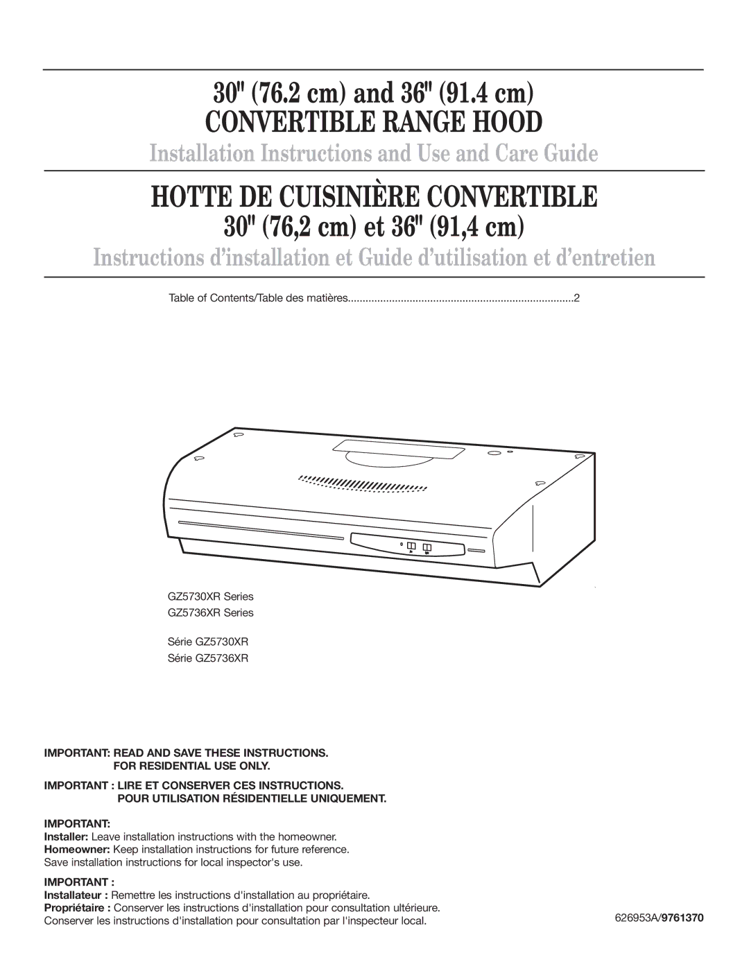 Whirlpool GZ5736XR, GZ5730XR installation instructions Convertible Range Hood 