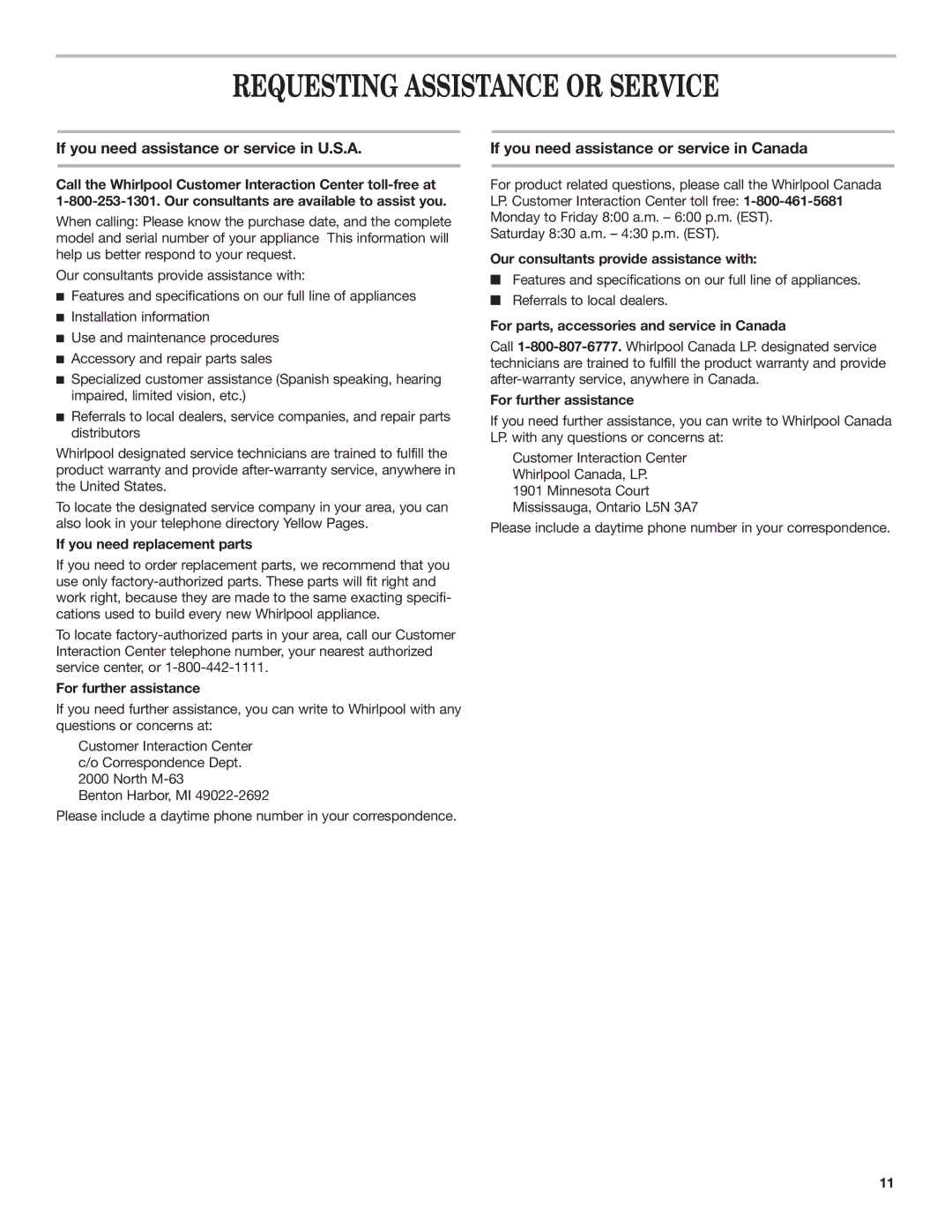 Whirlpool GZ5736XR, GZ5730XR Requesting Assistance or Service, If you need assistance or service in U.S.A 