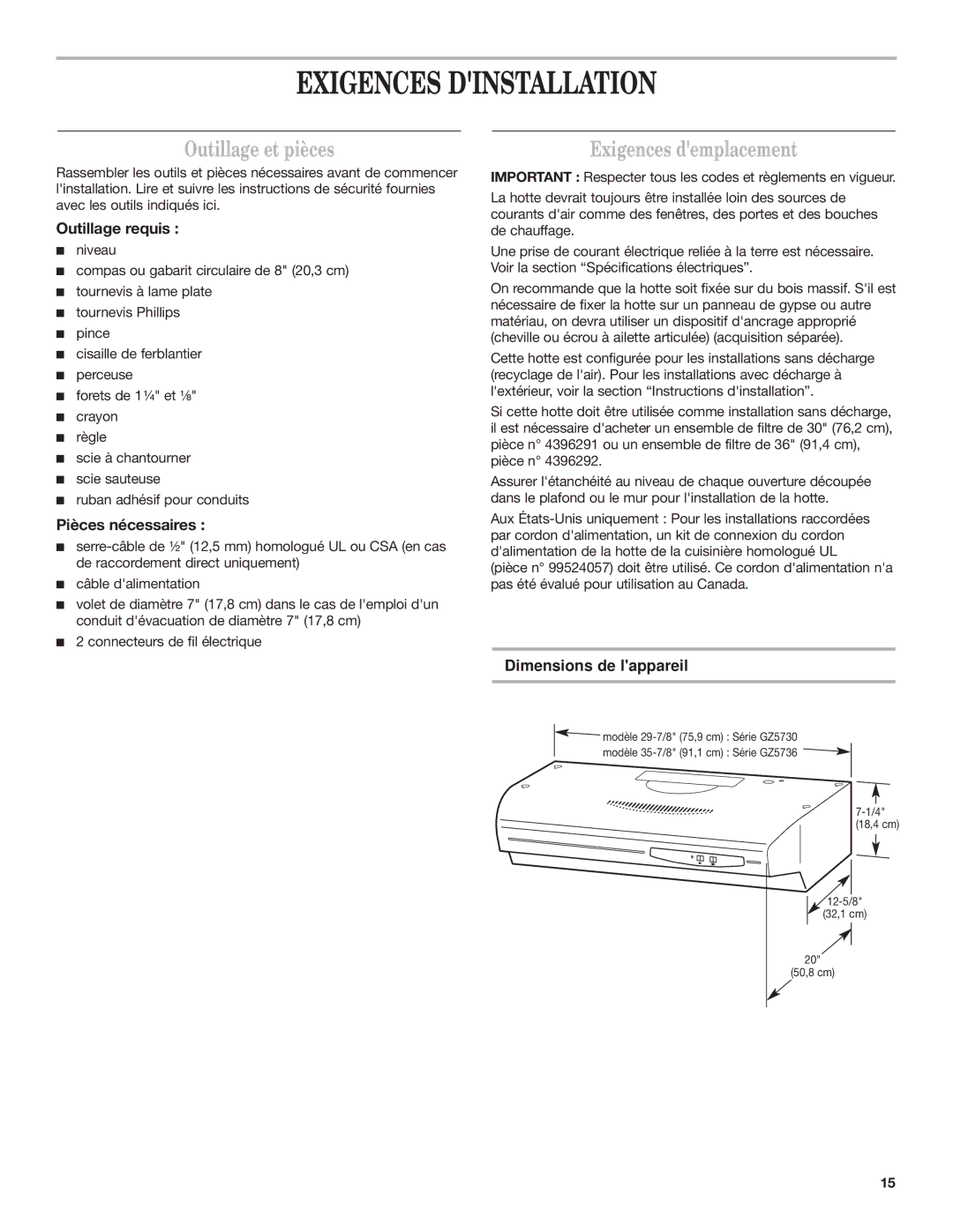 Whirlpool GZ5736XR, GZ5730XR Exigences Dinstallation, Outillage et pièces, Exigences demplacement, Dimensions de lappareil 