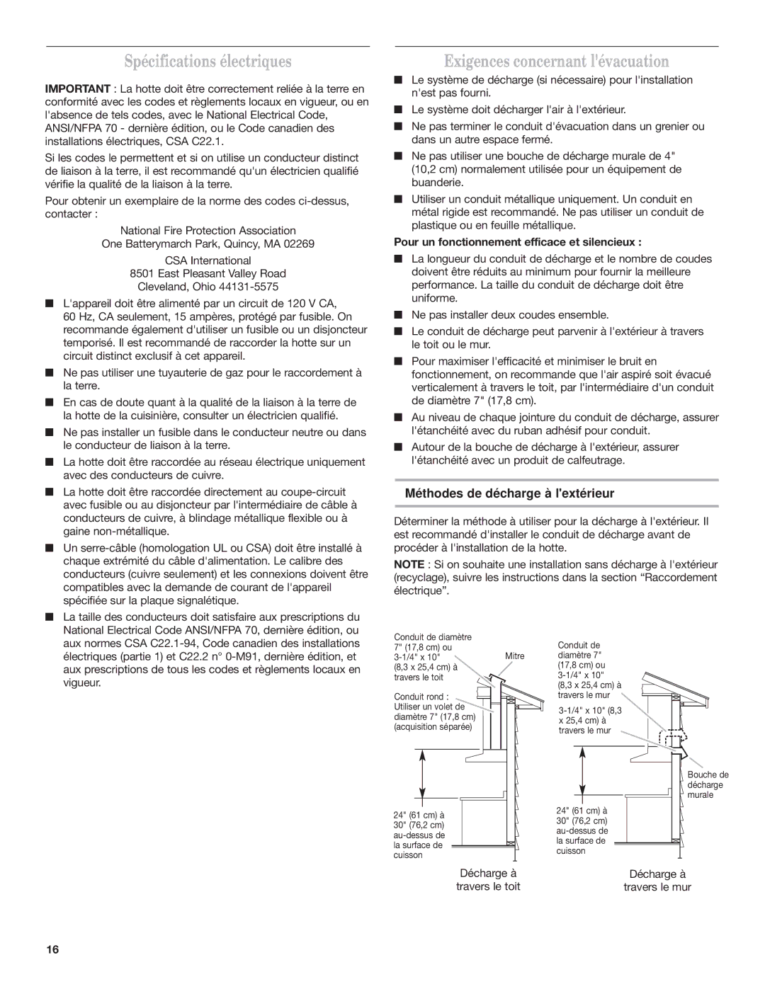 Whirlpool GZ5730XR Spécifications électriques, Exigences concernant lévacuation, Méthodes de décharge à lextérieur 