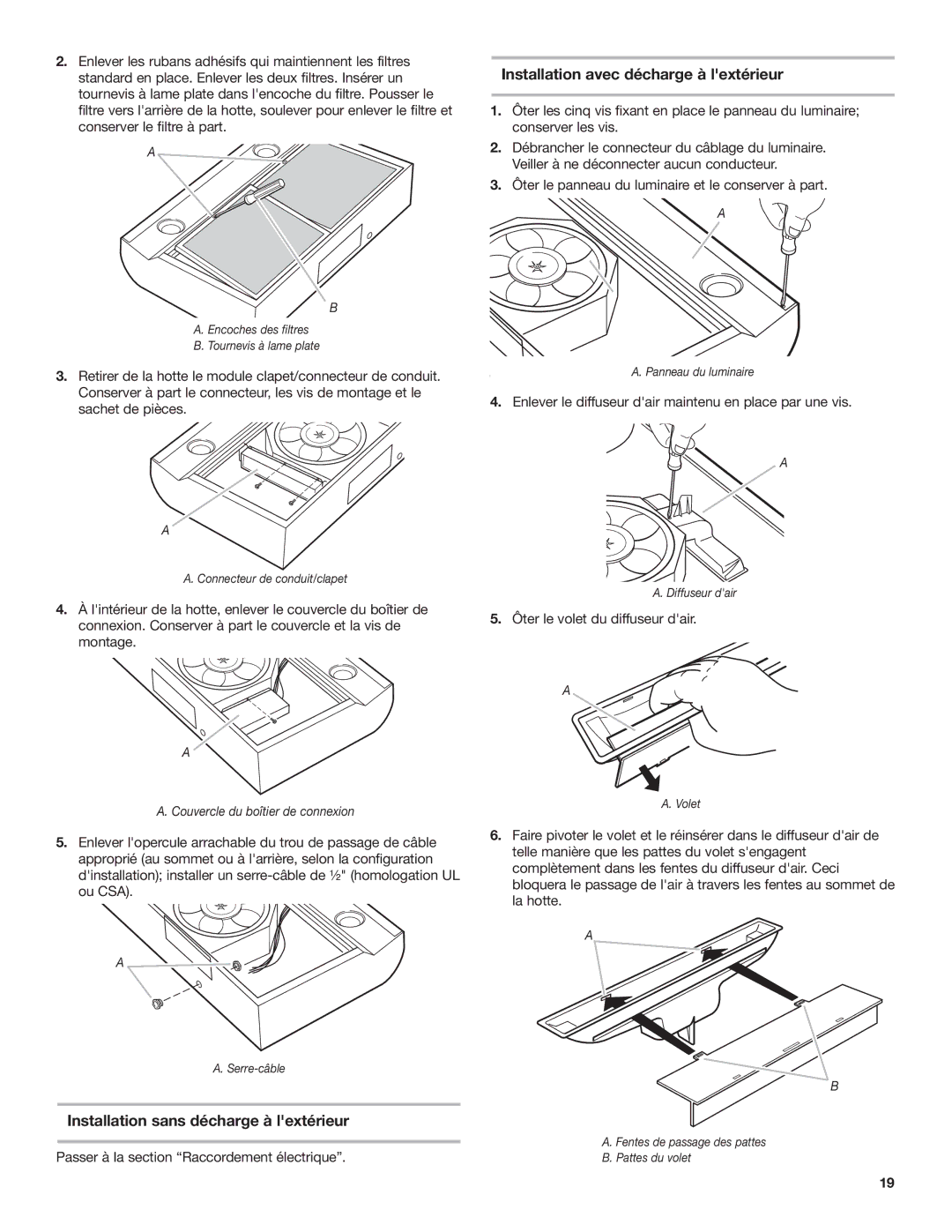 Whirlpool GZ5736XR, GZ5730XR Installation avec décharge à lextérieur, Installation sans décharge à lextérieur 