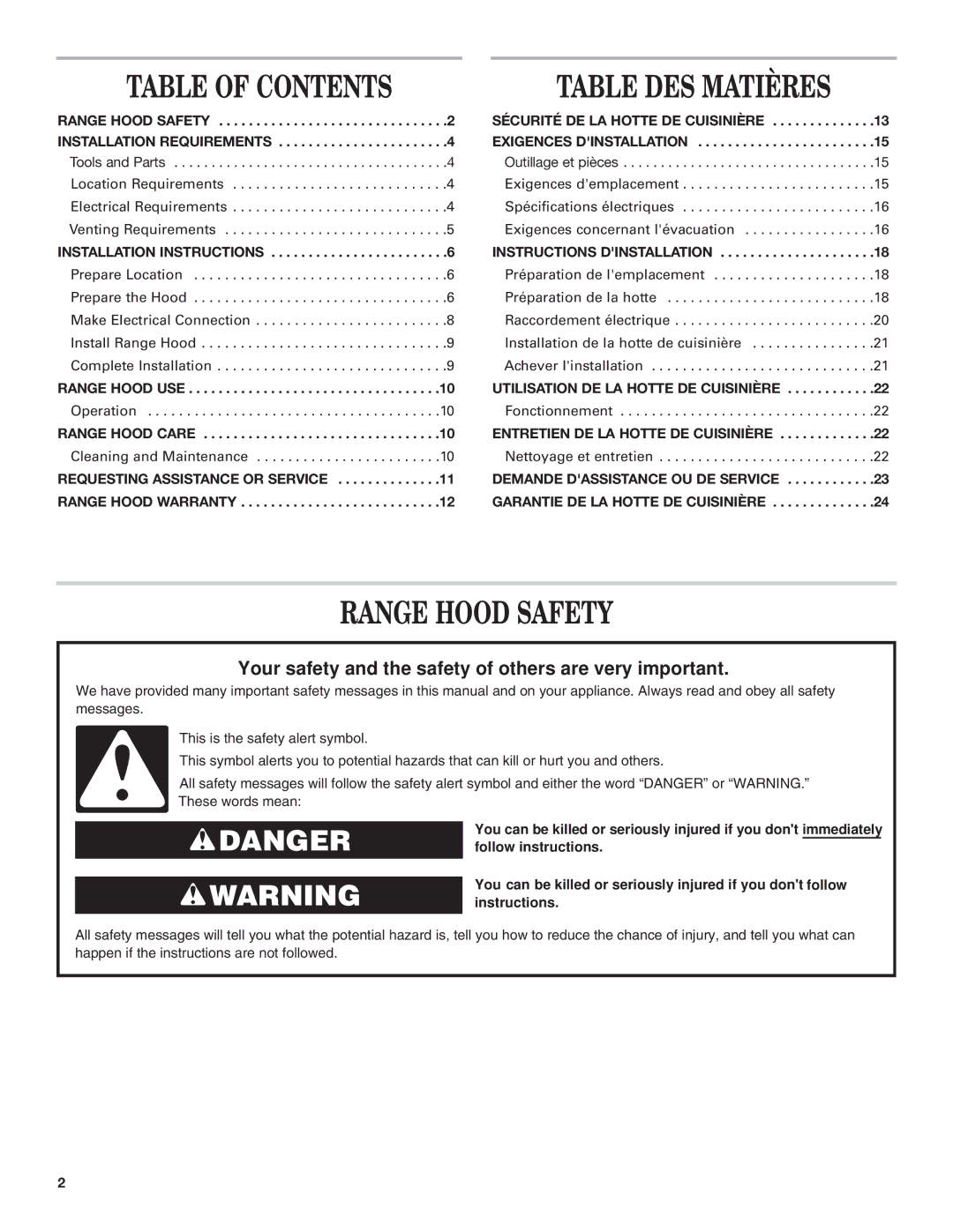 Whirlpool GZ5730XR, GZ5736XR installation instructions Table of Contents, Table DES Matières, Range Hood Safety 