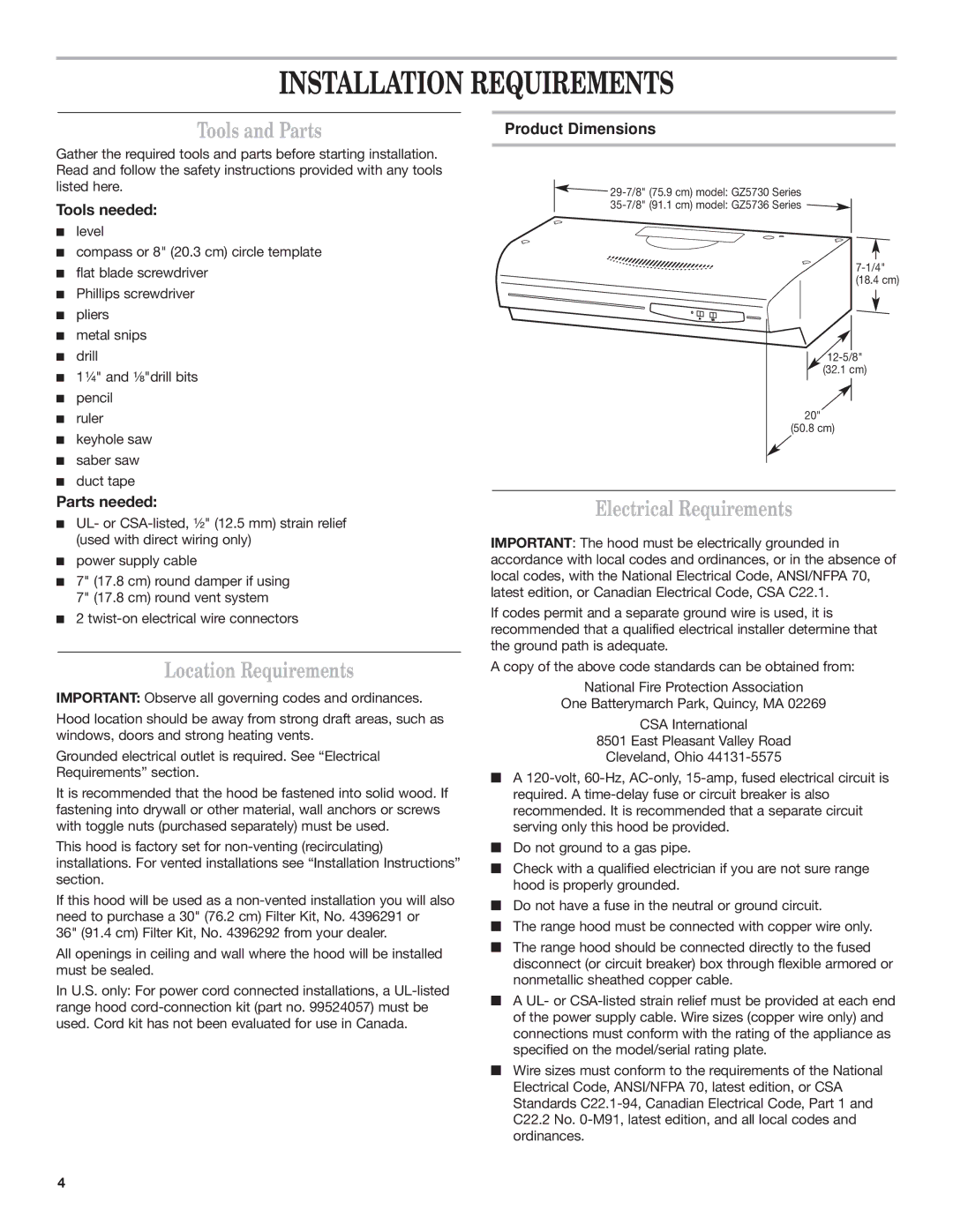 Whirlpool GZ5730XR, GZ5736XR Installation Requirements, Tools and Parts, Location Requirements, Electrical Requirements 