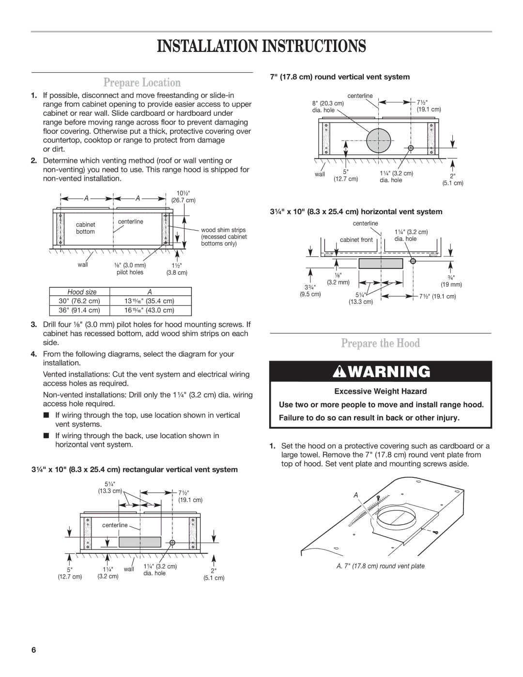 Whirlpool GZ5730XR, GZ5736XR Installation Instructions, Prepare Location, Prepare the Hood, Cm round vertical vent system 