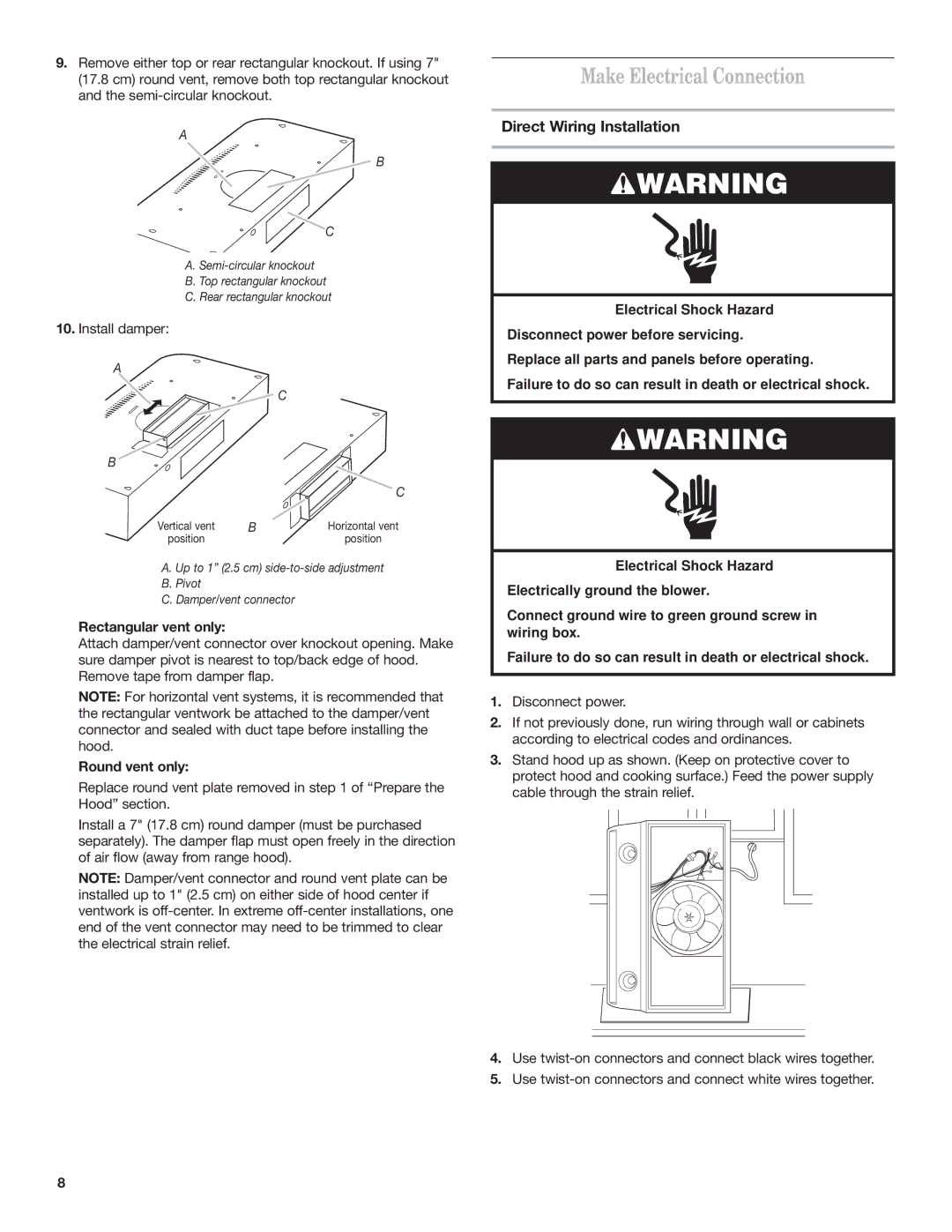 Whirlpool GZ5730XR Make Electrical Connection, Direct Wiring Installation, Rectangular vent only, Round vent only 