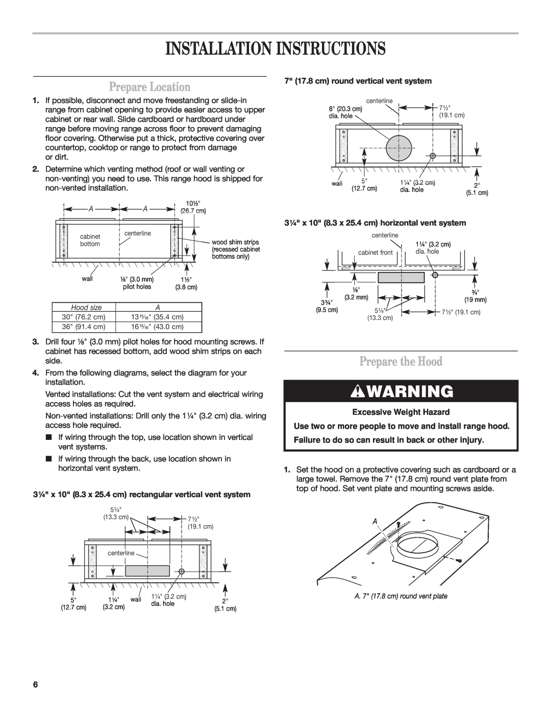 Whirlpool GZ5730XR Installation Instructions, Prepare Location, Prepare the Hood, 7 17.8 cm round vertical vent system 
