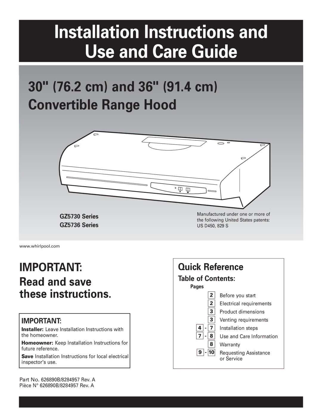 Whirlpool GZ5730, GZ5736 installation instructions Quick Reference, Table of Contents 