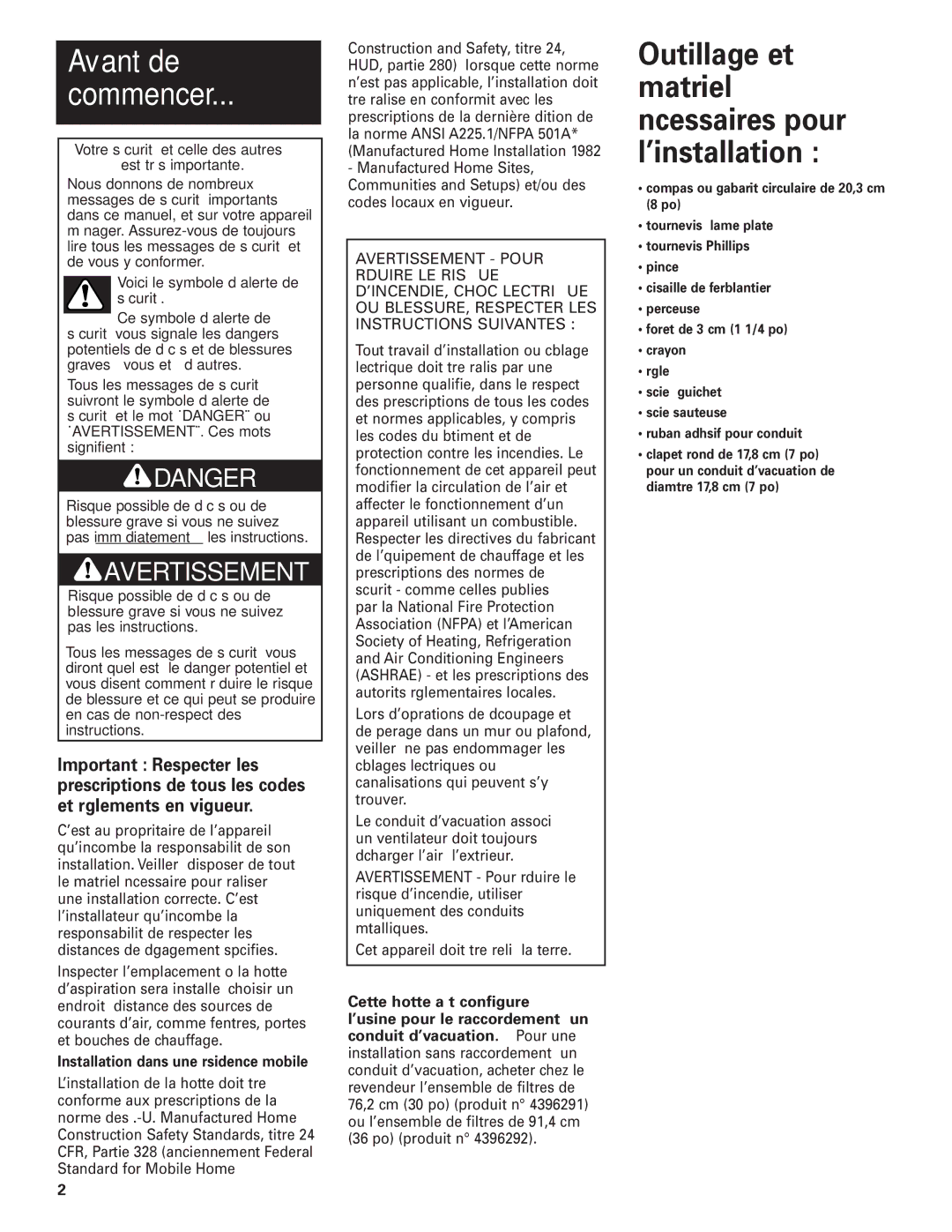 Whirlpool GZ5736, GZ5730 installation instructions Avant de Commencer, Outillage et matériel nécessaires pour l’installation 