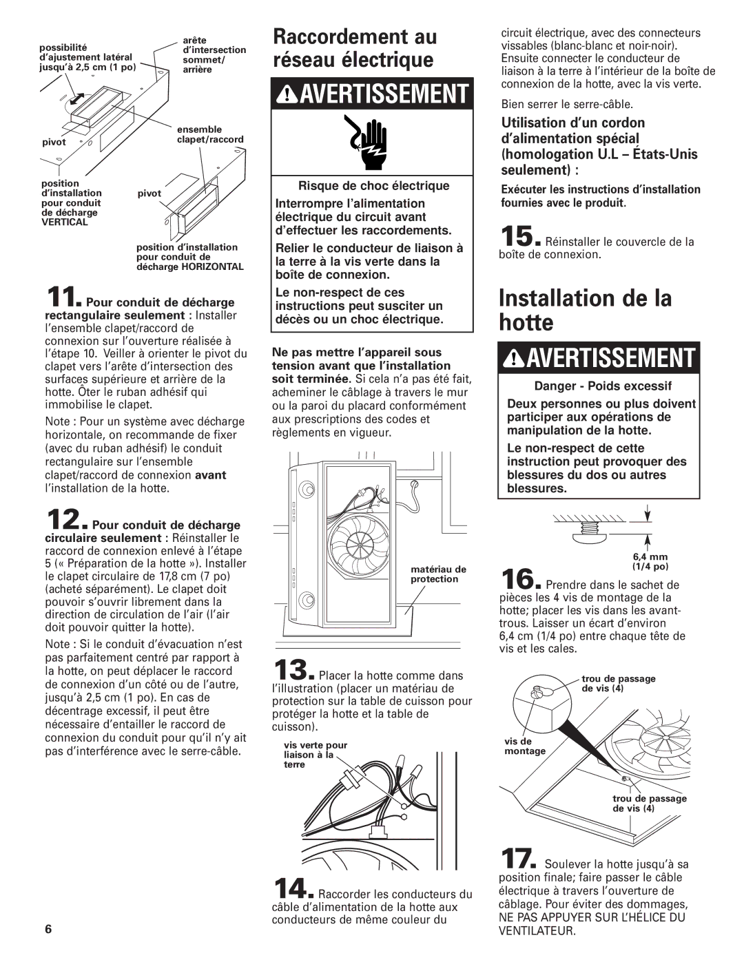 Whirlpool GZ5736, GZ5730 installation instructions Installation de la hotte, Avertissement 