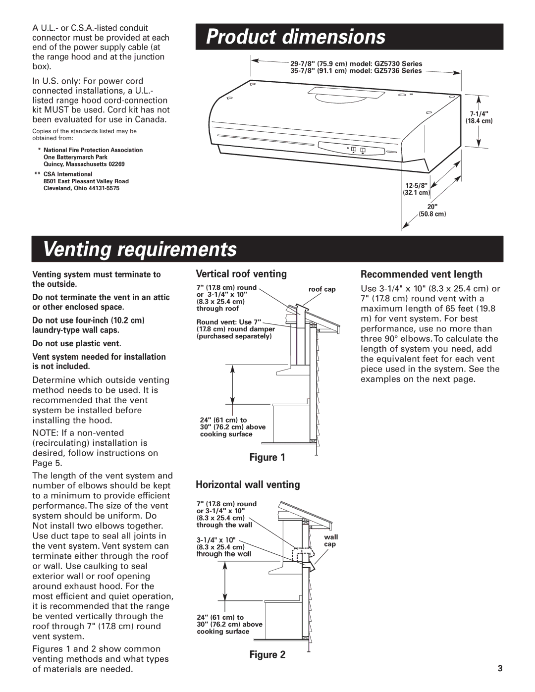 Whirlpool GZ5730, GZ5736 Product dimensions, Venting requirements, Vertical roof venting, Horizontal wall venting 